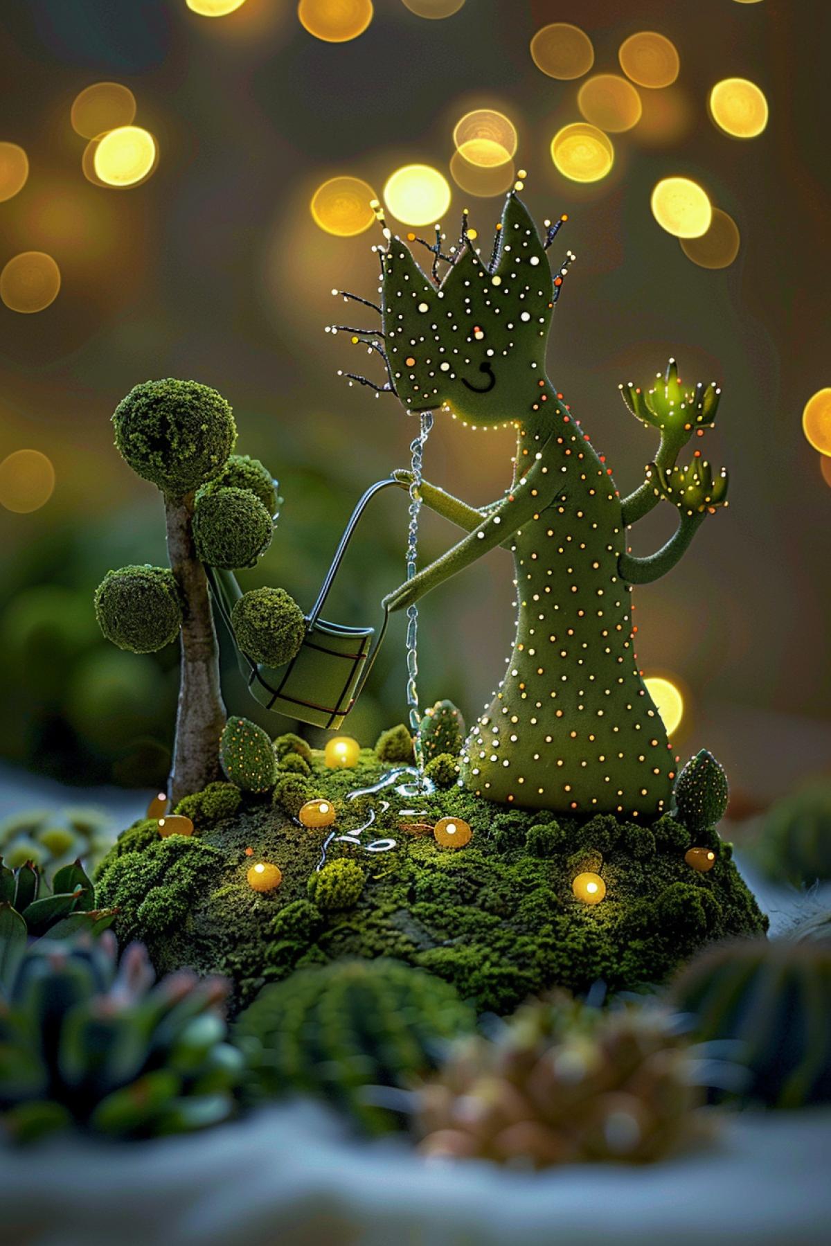 Microcosm, microcosm. A cactus busily pours water from a watering can onto the trees in the town, glowing particles, moss in droplets of water chaos 20 profile fxjt66j stylization 150