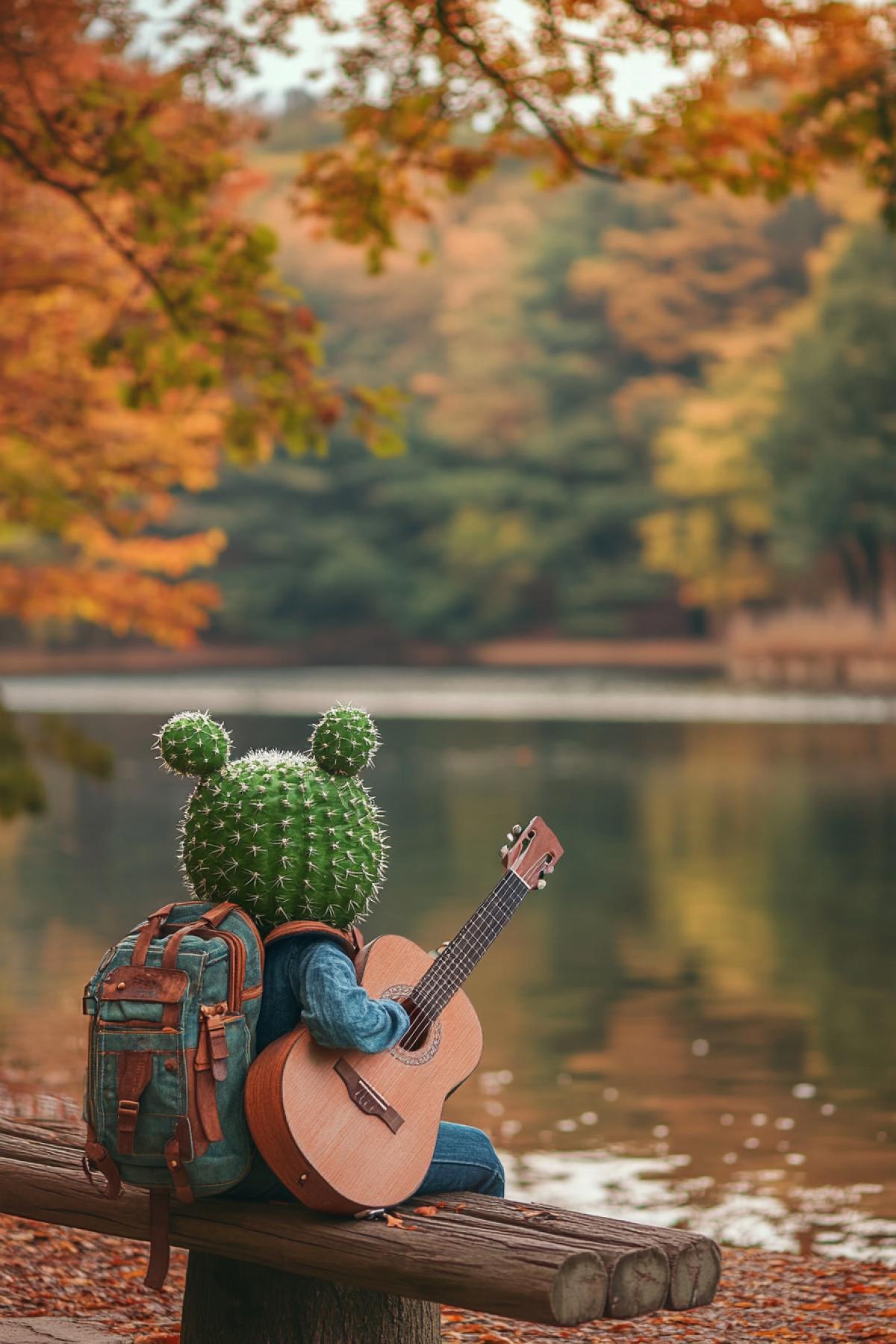 A young green cactus with a denim backpack, sitting on a park bench playing the guitar, surrounded by colorful leaves and a sparkling lake. The sky is painted in bright shades of orange and pinkish. An autumn pastoral