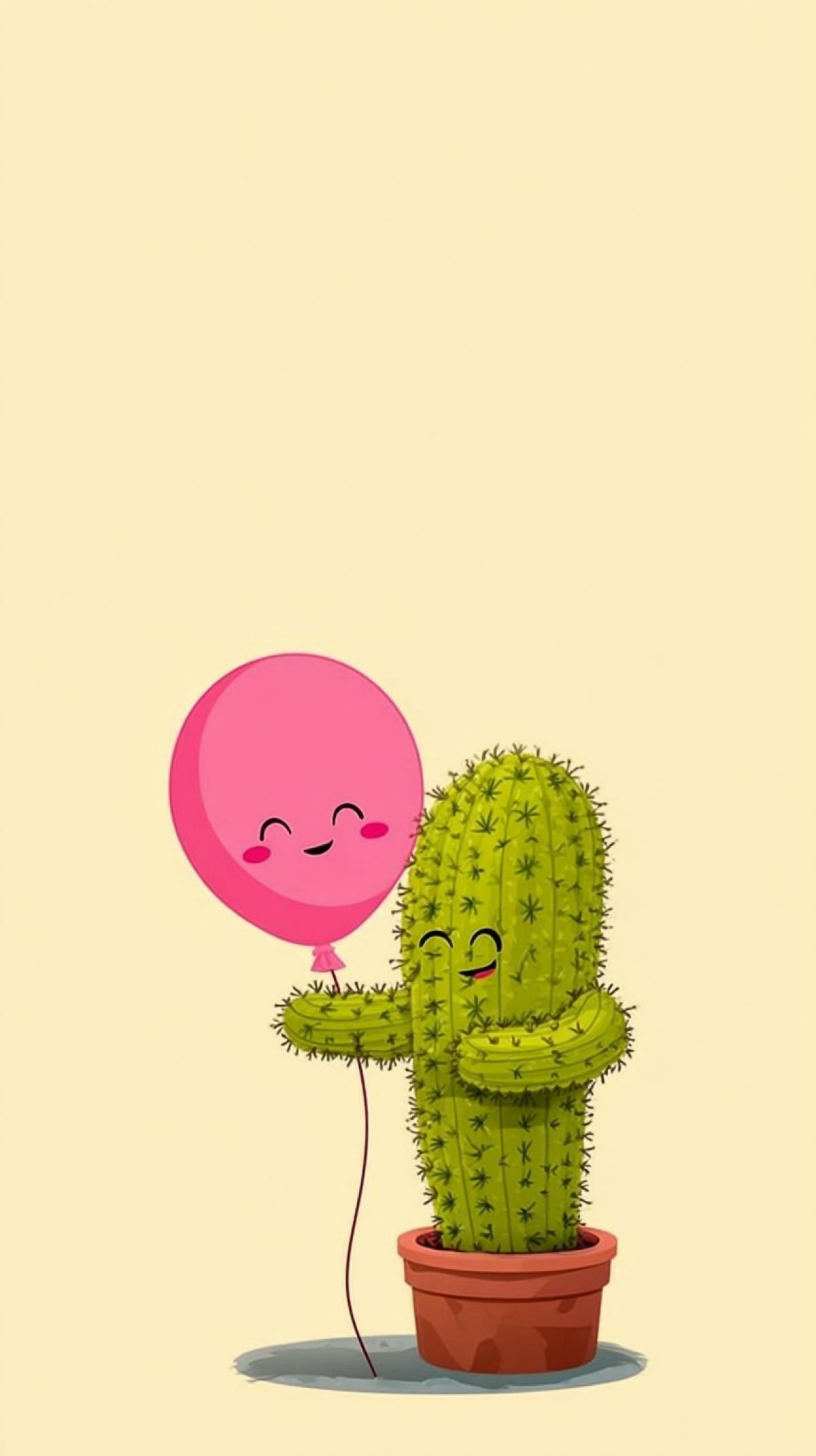 an anthropomorphic cactus hugs a balloon, friendship