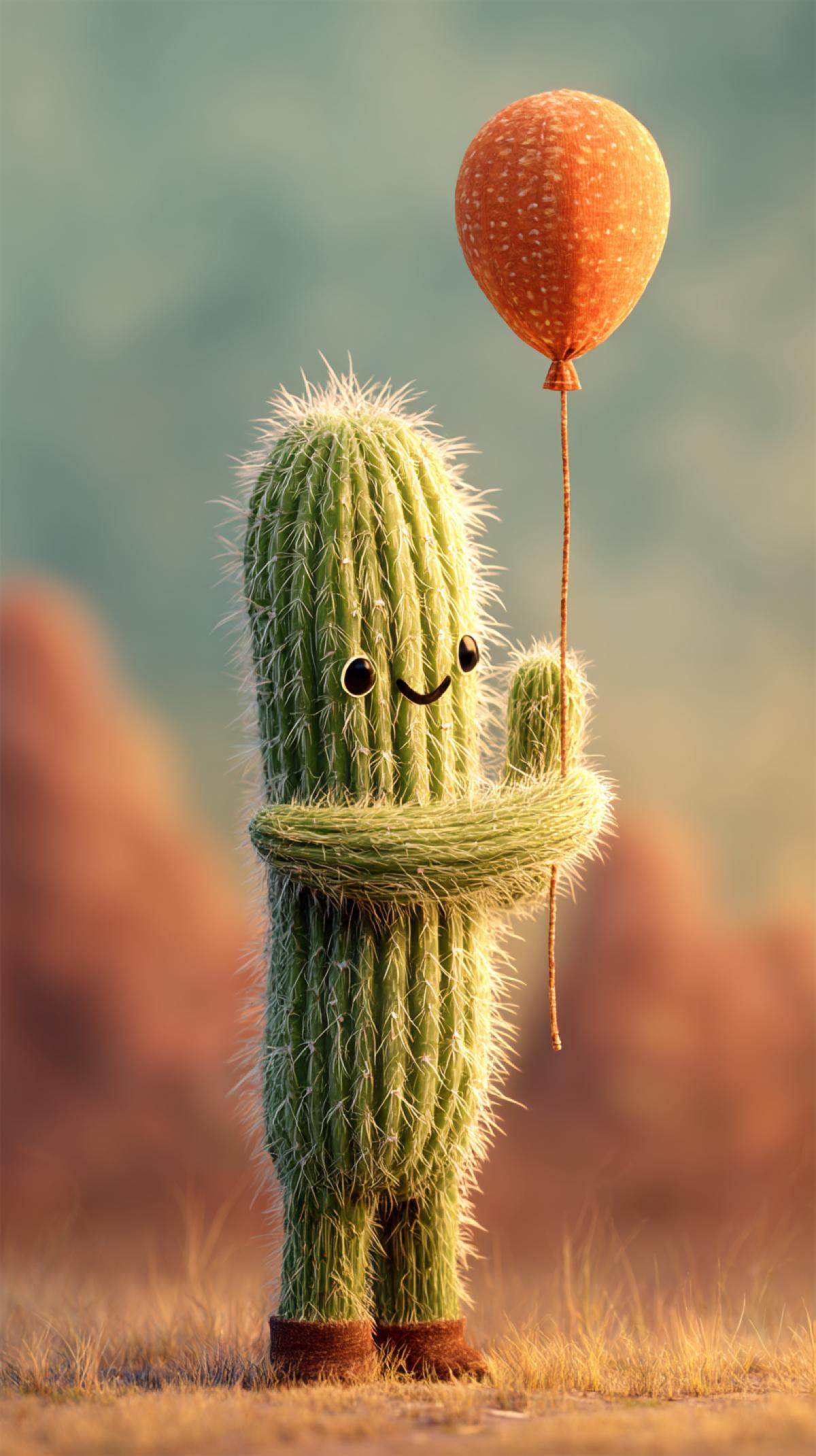 an anthropomorphic cactus hugs a balloon, friendship