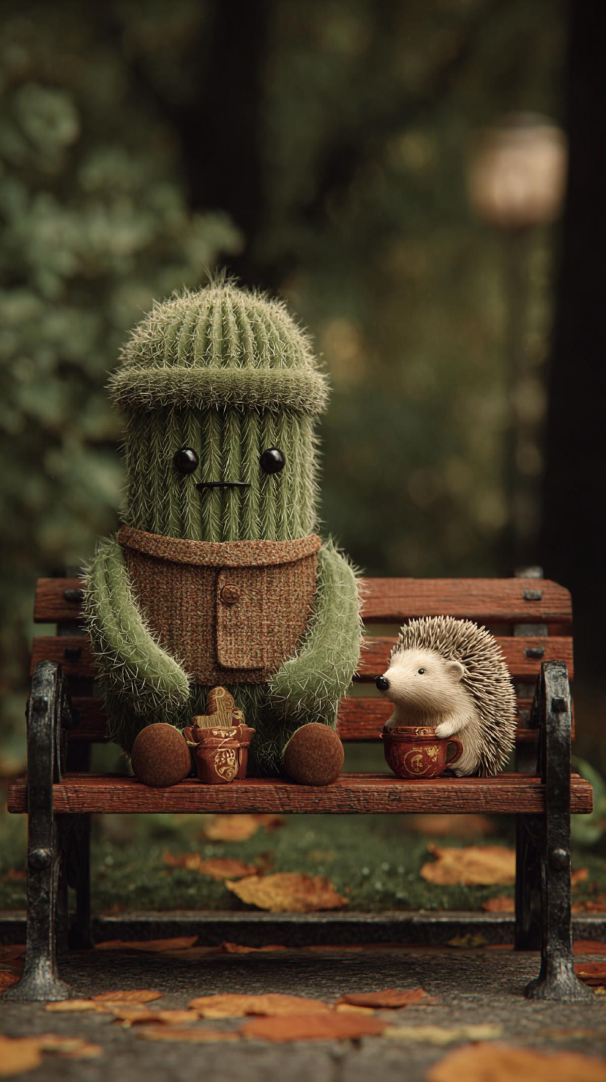 an anthropomorphic cactus sitting on a park bench with a hedgehog, autumn