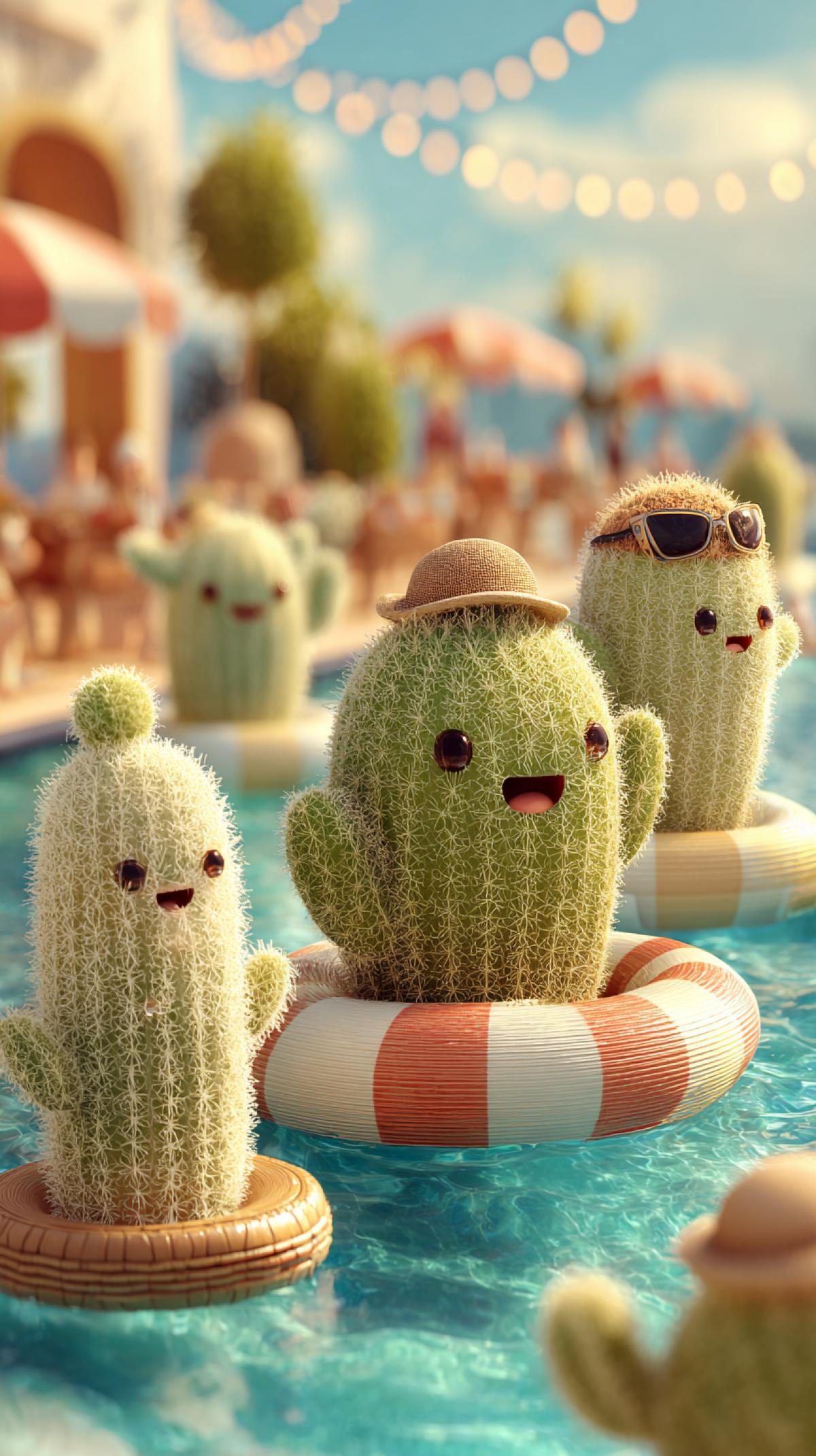 anthropomorphic cacti, pool party, cute and charming, summer, sun, cheerful mood