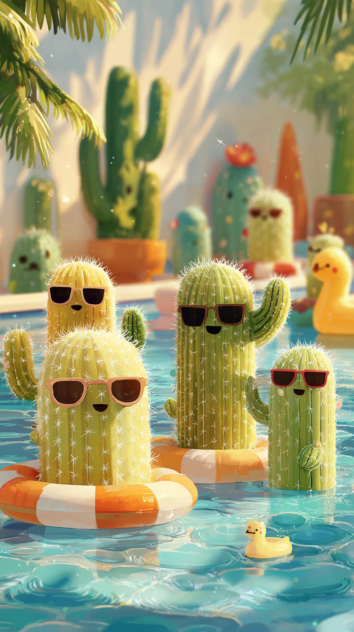 anthropomorphic cacti, pool party, cute and charming, summer, sun, cheerful mood