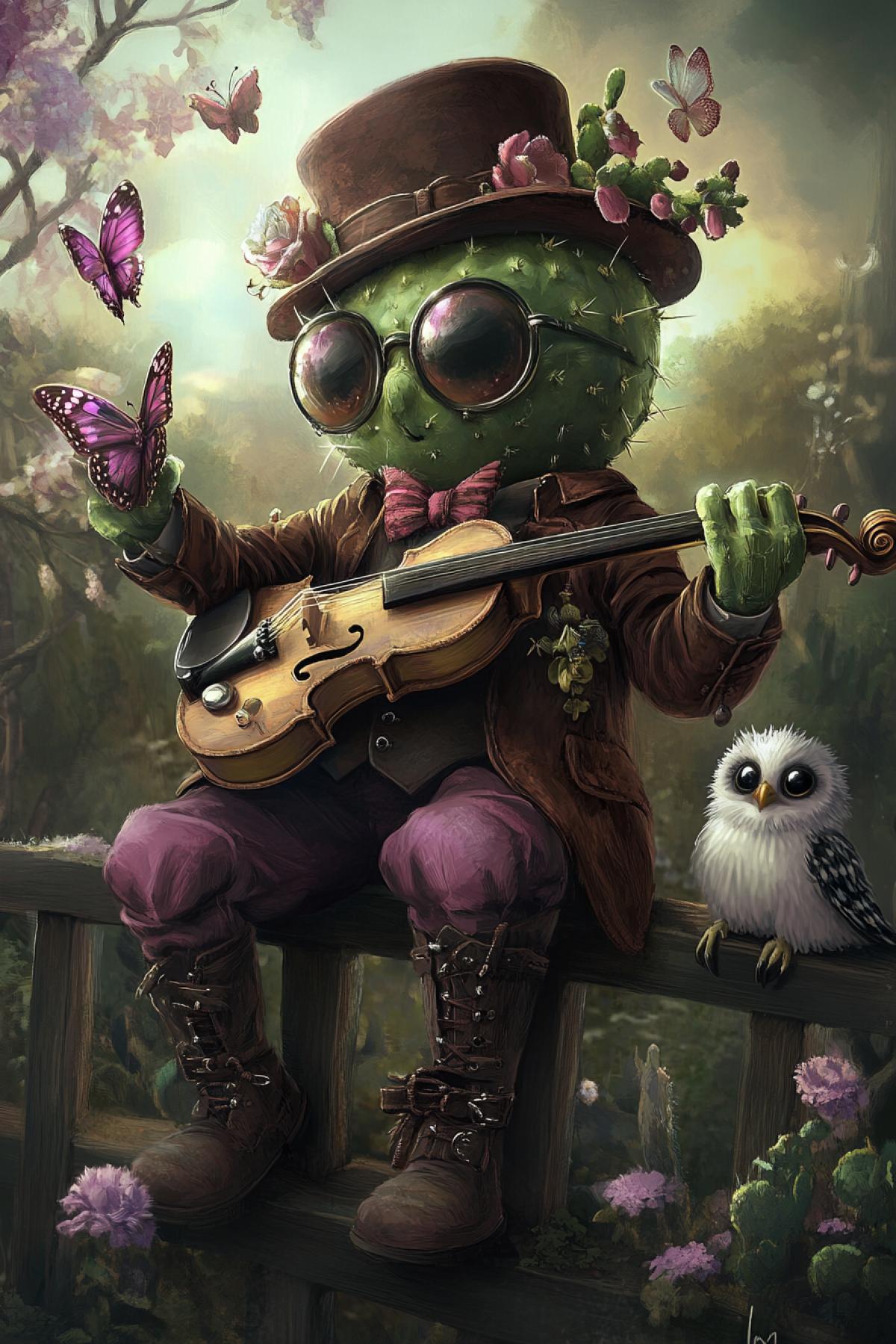 An anthropomorphic cactus in a suede or velvet frock coat, in the style of gothic and kawaii art, with shiny eyes, dark glasses, and butterflies, playing a small dark violin, next to it is a cute little fluffy owl sitting on a fence, on the anthropomorphic cactus is an Artgerm style top hat, suede or velour boots with buckles. The color palette includes purple, pink, dark, green, and lavender shades with accents of white. Cozy, very detailed soft natural lighting, Ghibi Studio style
