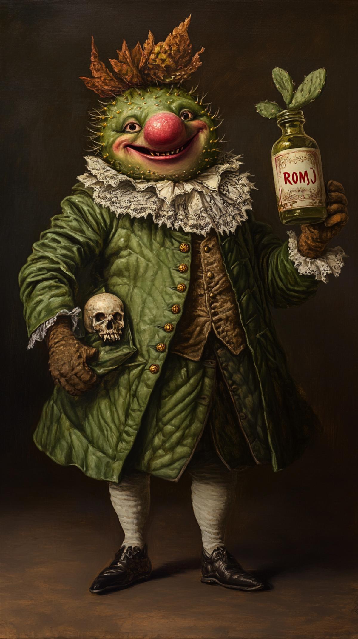 A masterful color oil painting depicting a cheerful 18th-century anthropomorphic cactus with cartoonish features, including a wide smile and a prominent pink-red nose, dressed in a green antique coat with detailed buttons and a lace collar. In one hand, it holds a bottle labeled \"ROM,\" while in the other, it holds a skull, executed with a rich pastel texture and visible expressive brushstrokes. The spectacular cinematic lighting creates dynamic shadows and golden highlights, emphasizing the tactile sensations on all surfaces. The background is minimalist and slightly blurred, which highlights the painterly realism and warm color palette of the anthropomorphic character. The overall impression is vibrant yet rough, with a lively and textured aesthetic.