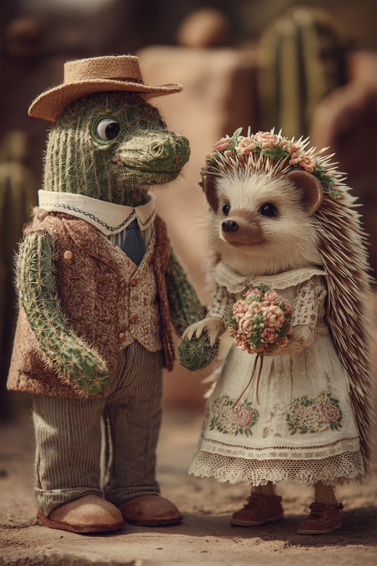 Wedding photo of cactus character and anthropomorphised lady female hedgehog
