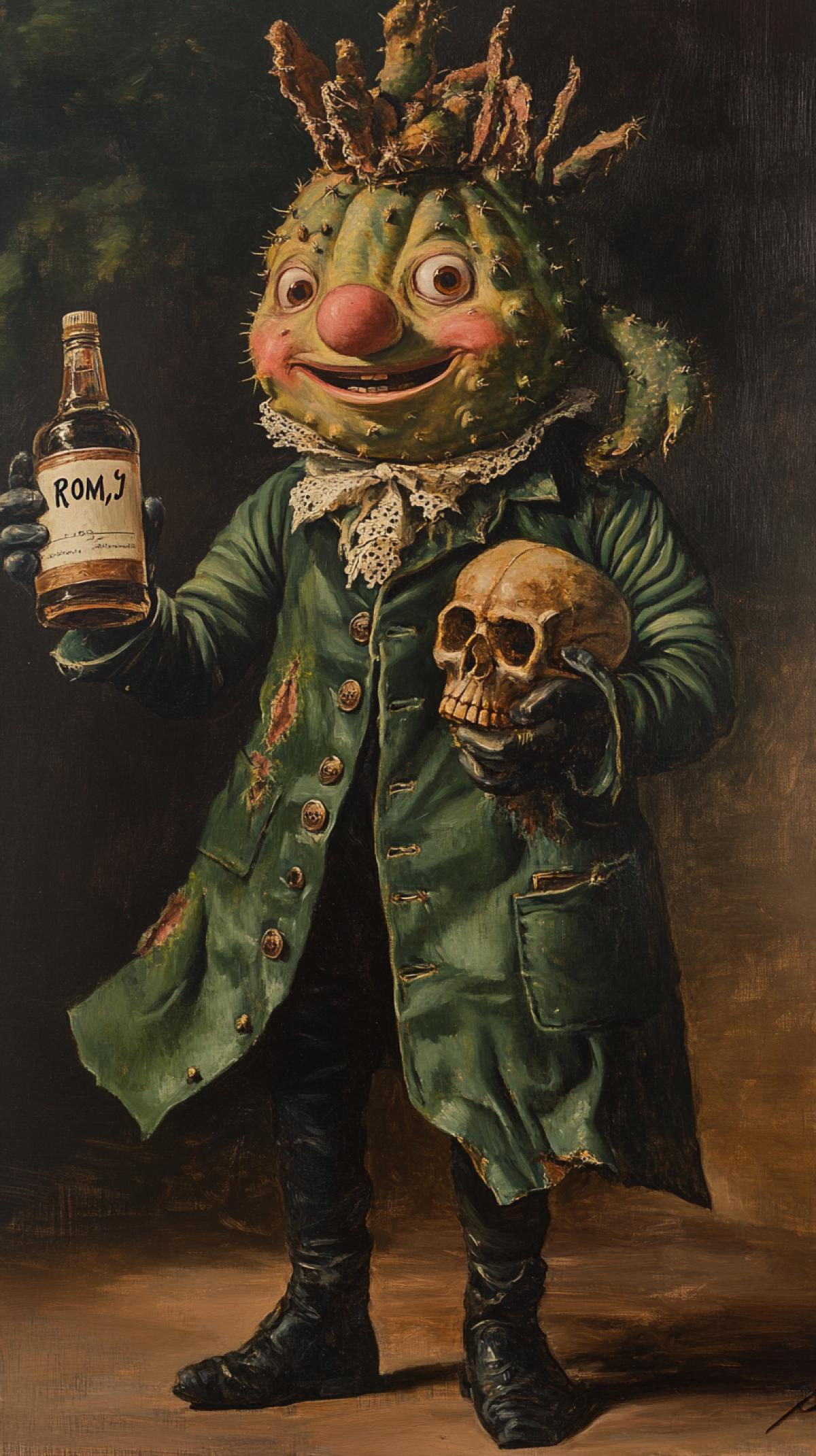 A masterful color oil painting depicting a cheerful 18th-century anthropomorphic cactus with cartoonish features, including a wide smile and a prominent pink-red nose, dressed in a green antique coat with detailed buttons and a lace collar. In one hand, it holds a bottle labeled \"ROM,\" while in the other, it holds a skull, executed with a rich pastel texture and visible expressive brushstrokes. The spectacular cinematic lighting creates dynamic shadows and golden highlights, emphasizing the tactile sensations on all surfaces. The background is minimalist and slightly blurred, which highlights the painterly realism and warm color palette of the anthropomorphic character. The overall impression is vibrant yet rough, with a lively and textured aesthetic.