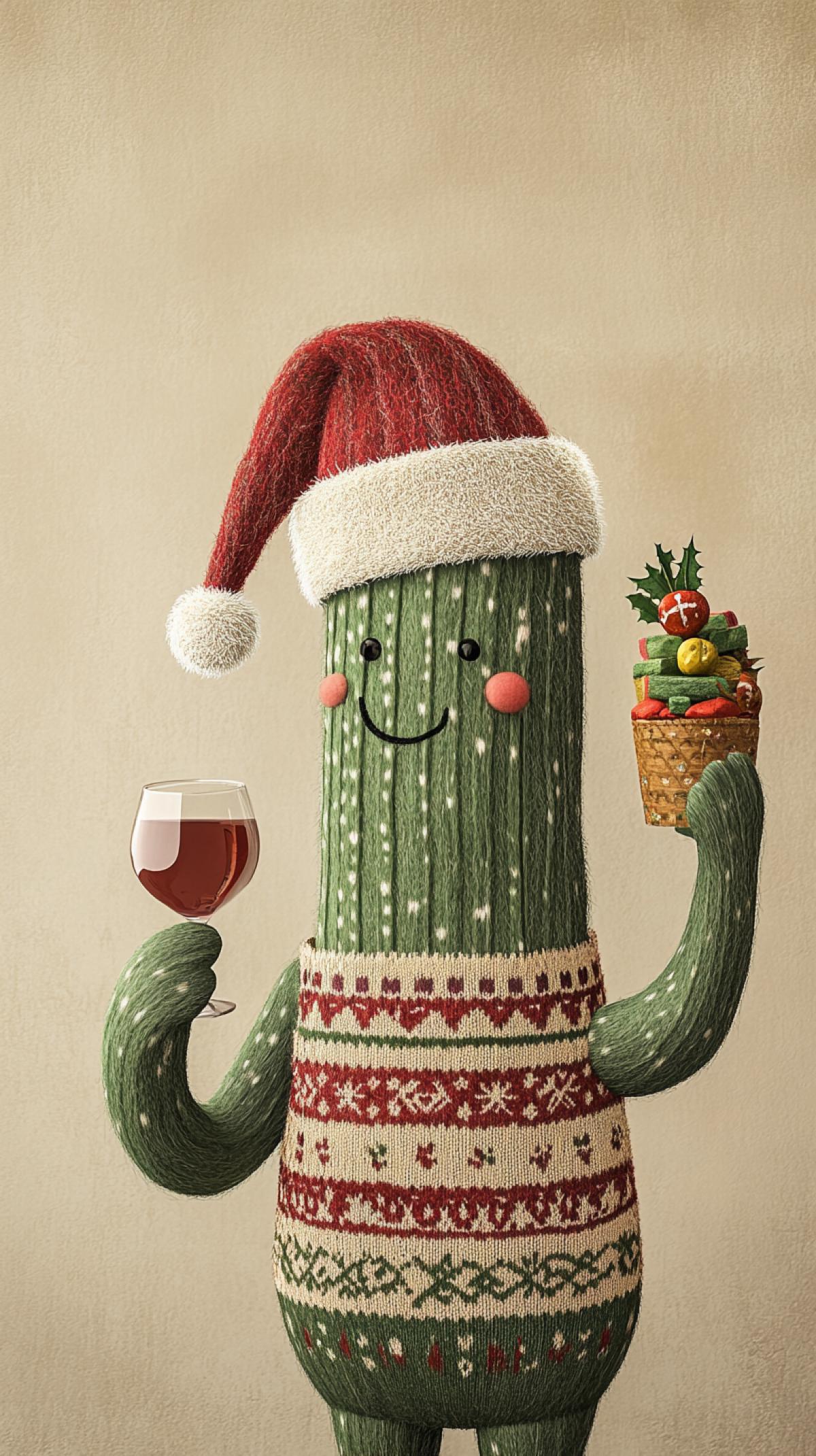 the symbolism is a charming anthropomorphic cactus wearing a Christmas sweater and a small Santa Claus hat, holding a glass of wine in the style of Camilla Rose Garcia. The design features a colorful felt and wool com4k, playful character designs, and a Chinese New Year theme. The color palette is light beige, green, and red, with a simple background and a full-length portrait in high-resolution augmented reality.