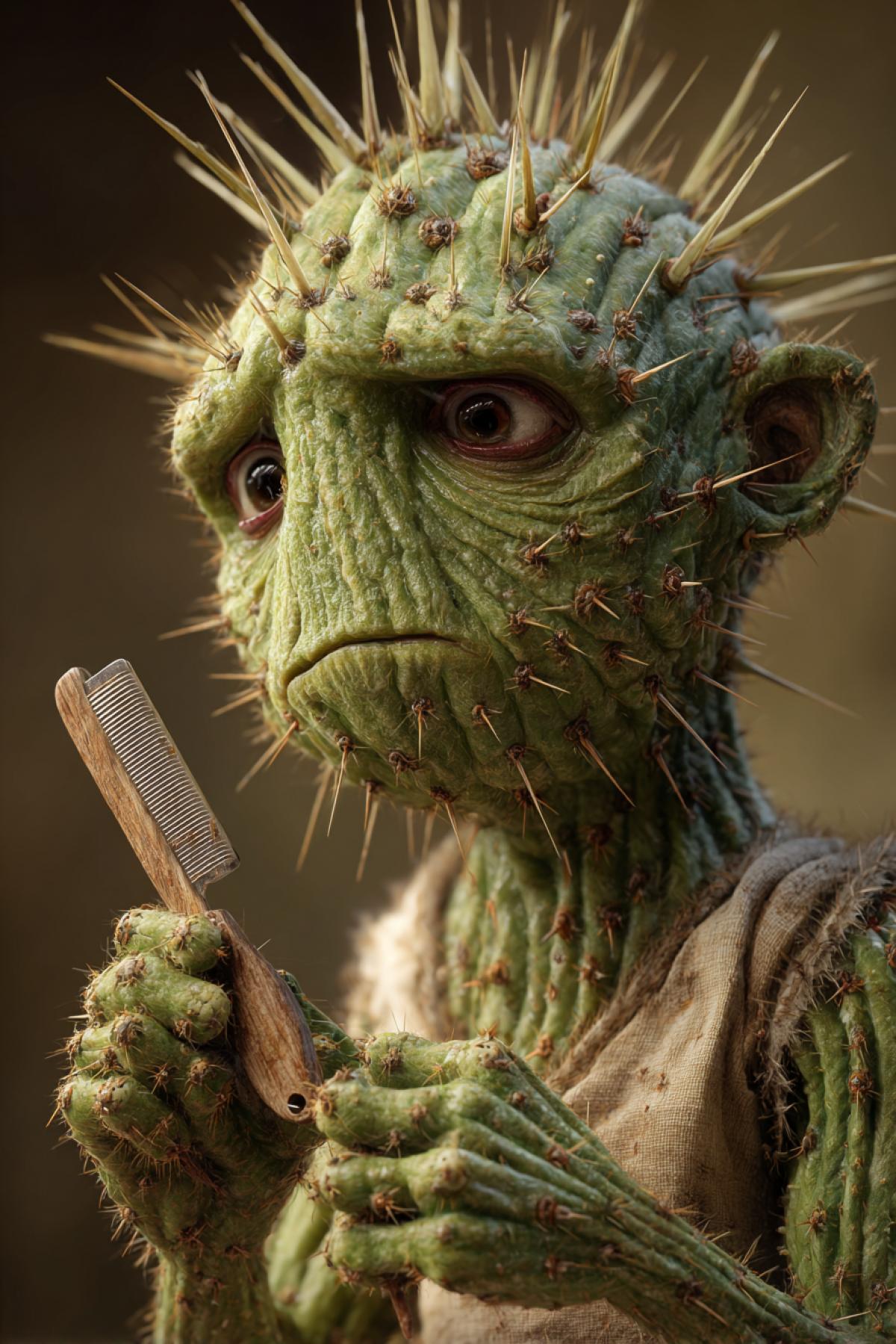 An anthropomorphic cactus shaving with a large straight razor. The cactus has a human-like face with concentrated expression, holding the razor carefully in its t hand. Green skin with spines, some areas already shaved smooth. Hyperrealistic, humorous, detailed.