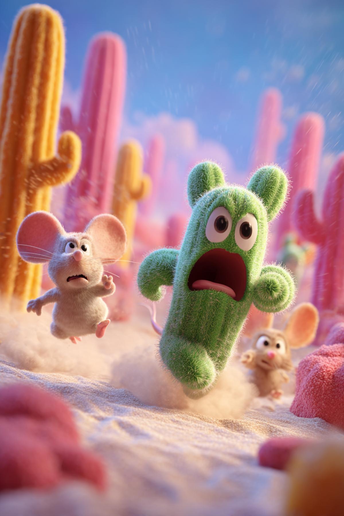 Pixar 3D animation style. A humanoid cactus running away in panic from two crying mice. Background: a colorful cartoon desert with comically oversized cacti and sand dunes. The cactus looks back over its shoulder with a mix of fear and confusion. Dust clouds and motion lines emphasize the speed of the chase. Dynamic chase scene, comedic timing, vibrant colors, emotional contrast.
