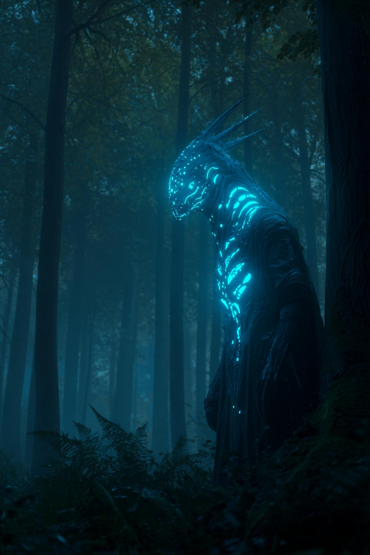 A mysterious, glowing creature with bioluminescent patterns, deep in an ancient, misty forest, cinematic lighting, fantasy art, volumetric light
