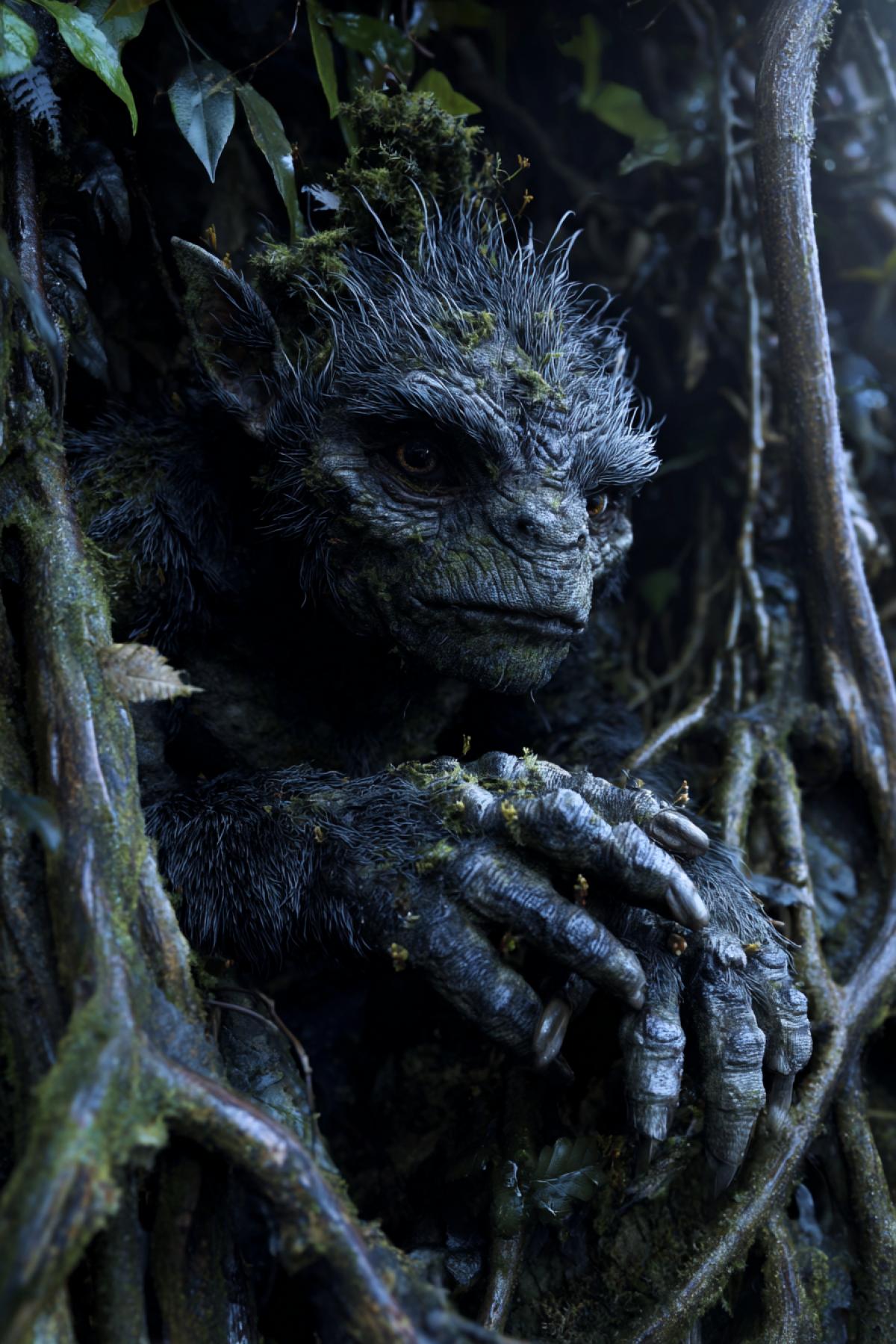 Bizarre unknown морщинистый old creature smart eyes sharp claws fur legs and hands living in forest trees roots head general view in morning twilight light high contrast lots of details