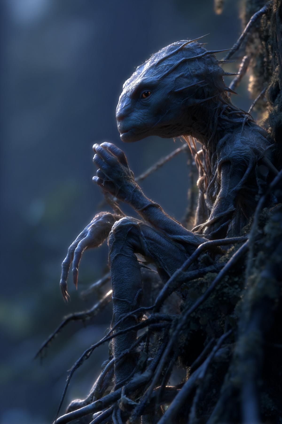 Bizarre unknown морщинистый old creature smart eyes sharp claws fur legs and hands living in forest trees roots head general view in morning twilight light high contrast lots of details
