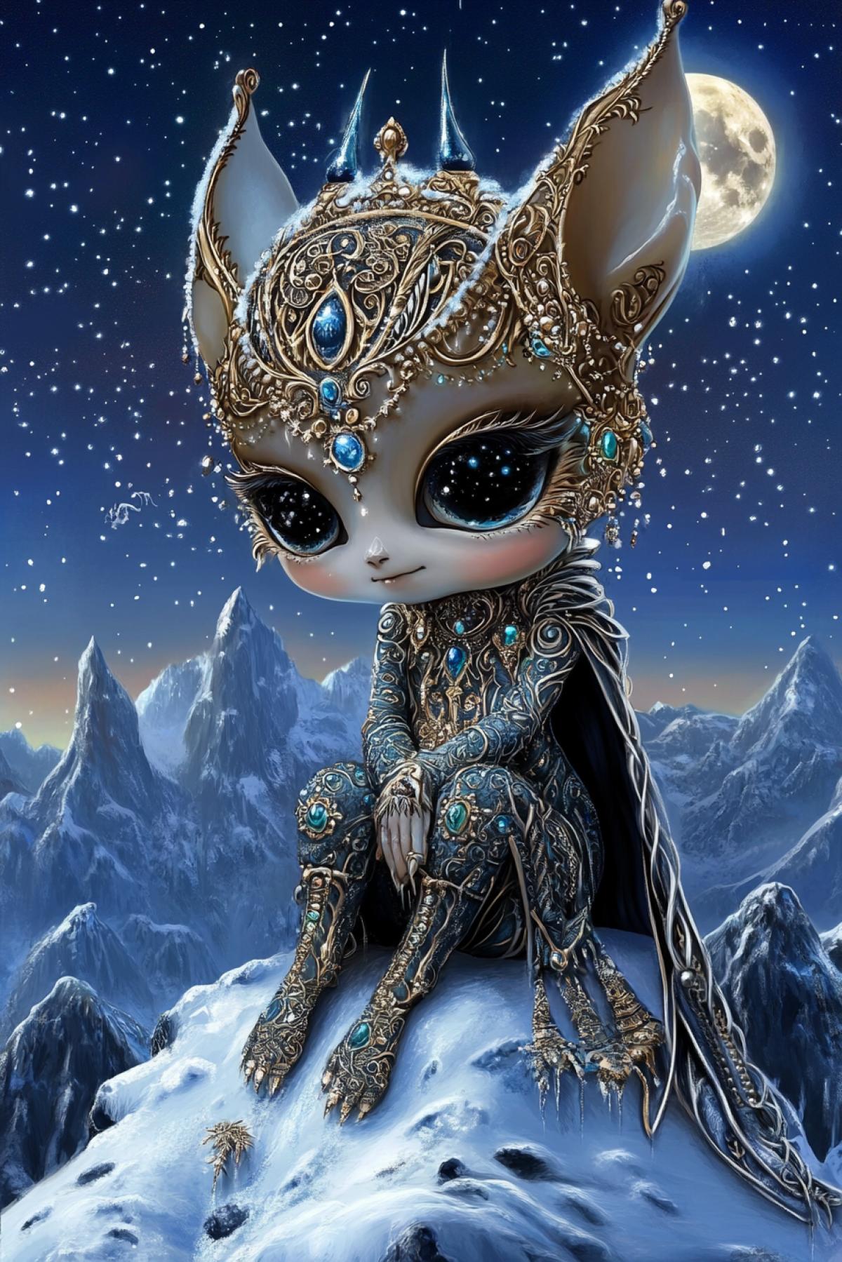 A fantasy-themed image featuring a whimsical creature with a humanoid form, sitting on a snowy peak under a starry night sky. The creature has a large, ornate head with intricate designs, pointed ears, and large, expressive eyes. It is adorned in a luxurious, detailed outfit with a cape and a crown, suggesting a royal or magical status. The background showcases a majestic mountain range and a full moon, adding to the enchanting atmosphere. The style is reminiscent of fantasy art, with a focus on intricate details and a dreamlike quality.