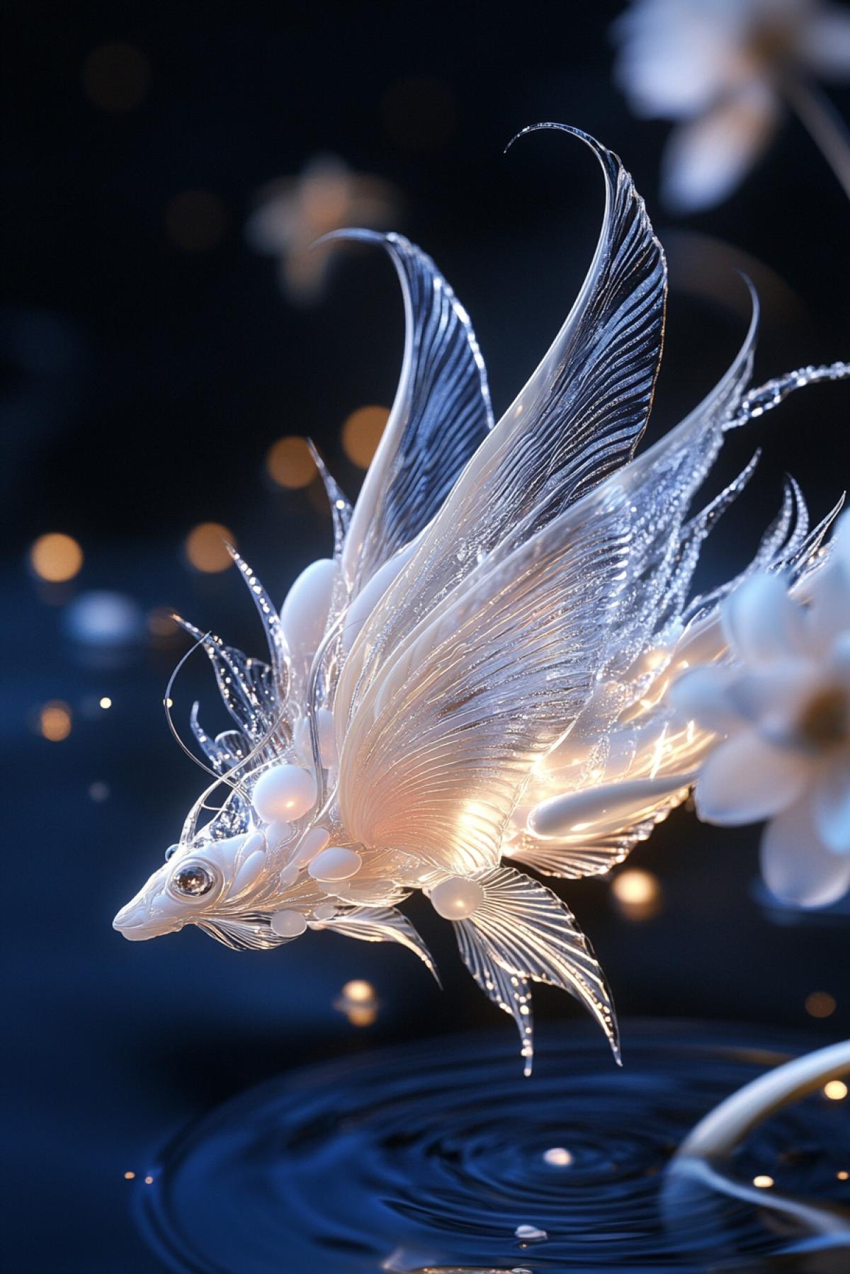 glass skinned fantasy creature, glowing filigree wings, petal-like feathers, iridescent scales, surreal lake, abstract floral background, ethereal lighting, dreamlike setting