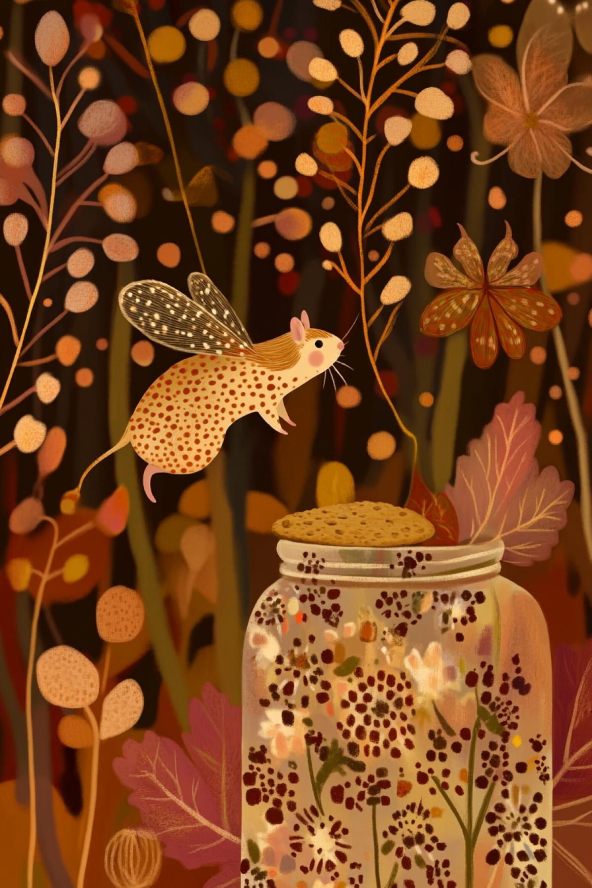 Whimsical surreal, a whimsical little hamster hanging upside down in a jar trying to grab a cookie that is at the bottom of the jar, legs are above the rim of the jar, background fairy blurred