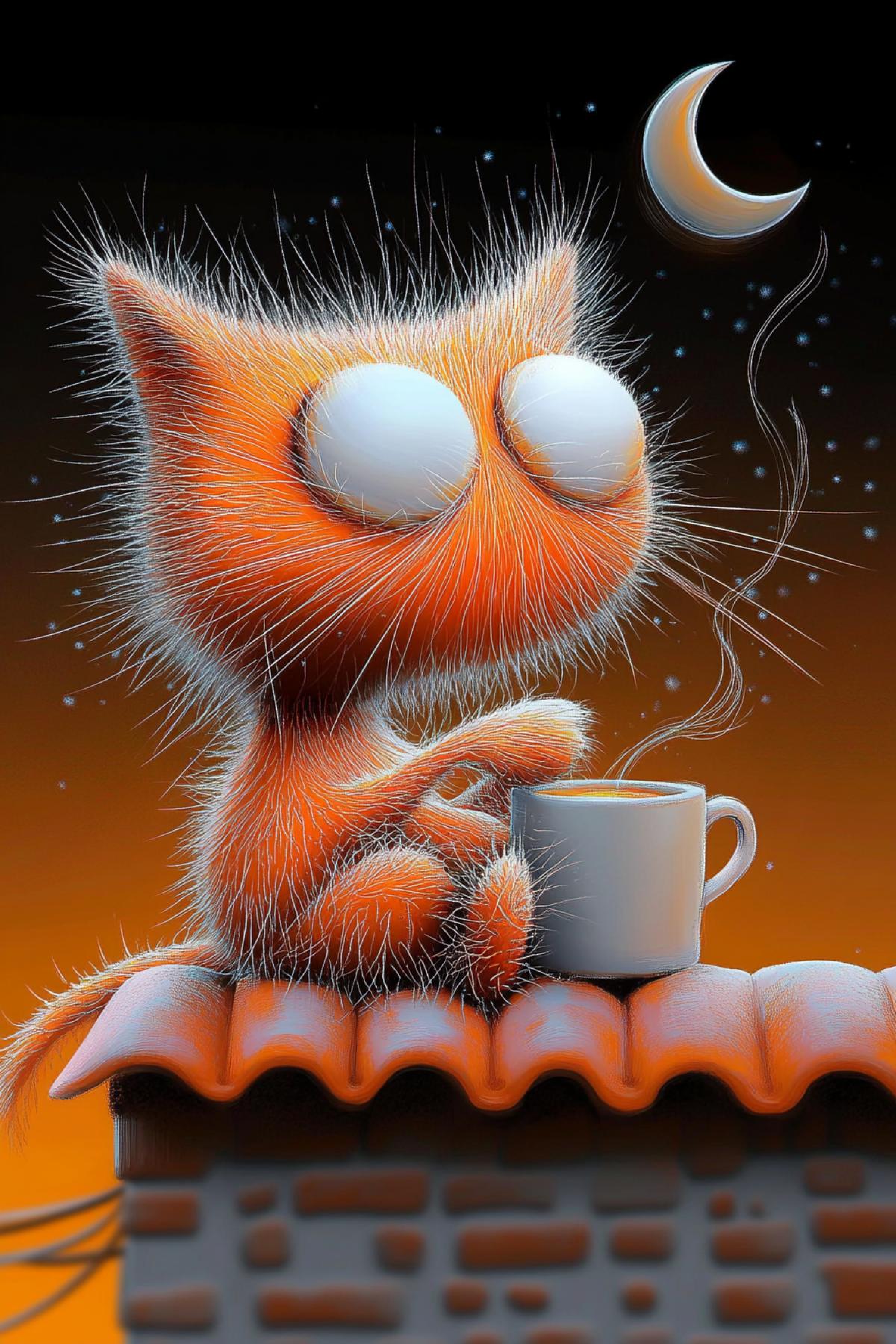 Pointillism, dotted. A furry orange creature with large round white eyes sits on an red tiled roof and holds a cup mug of tea in its paws, steam coming from the mug. It is surrounded by quaint houses with glowing yellow windows and pointed orange roofs. A crescent moon and scattering of stars fill the dark, textured night sky. The style of the drawing is whimsical and charming. Detailed oil painting in the style of pointillism and dark fantasy. ar 2:3