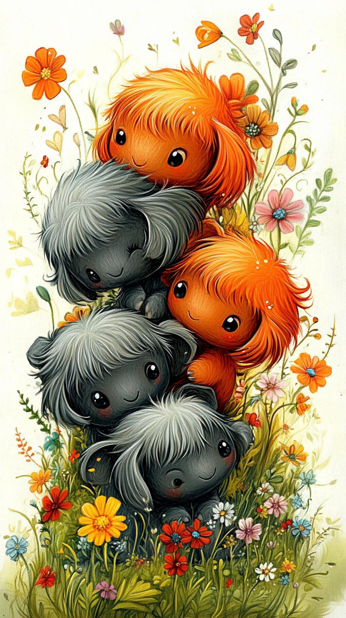 A drawing of grey, dark and orange fluffy baby mammoths peeking out from behind flowers, in the style of Jon Klassen, with bright green grass and colorful flowers. There are about five baby mammoths ar 9:16 stylize 750