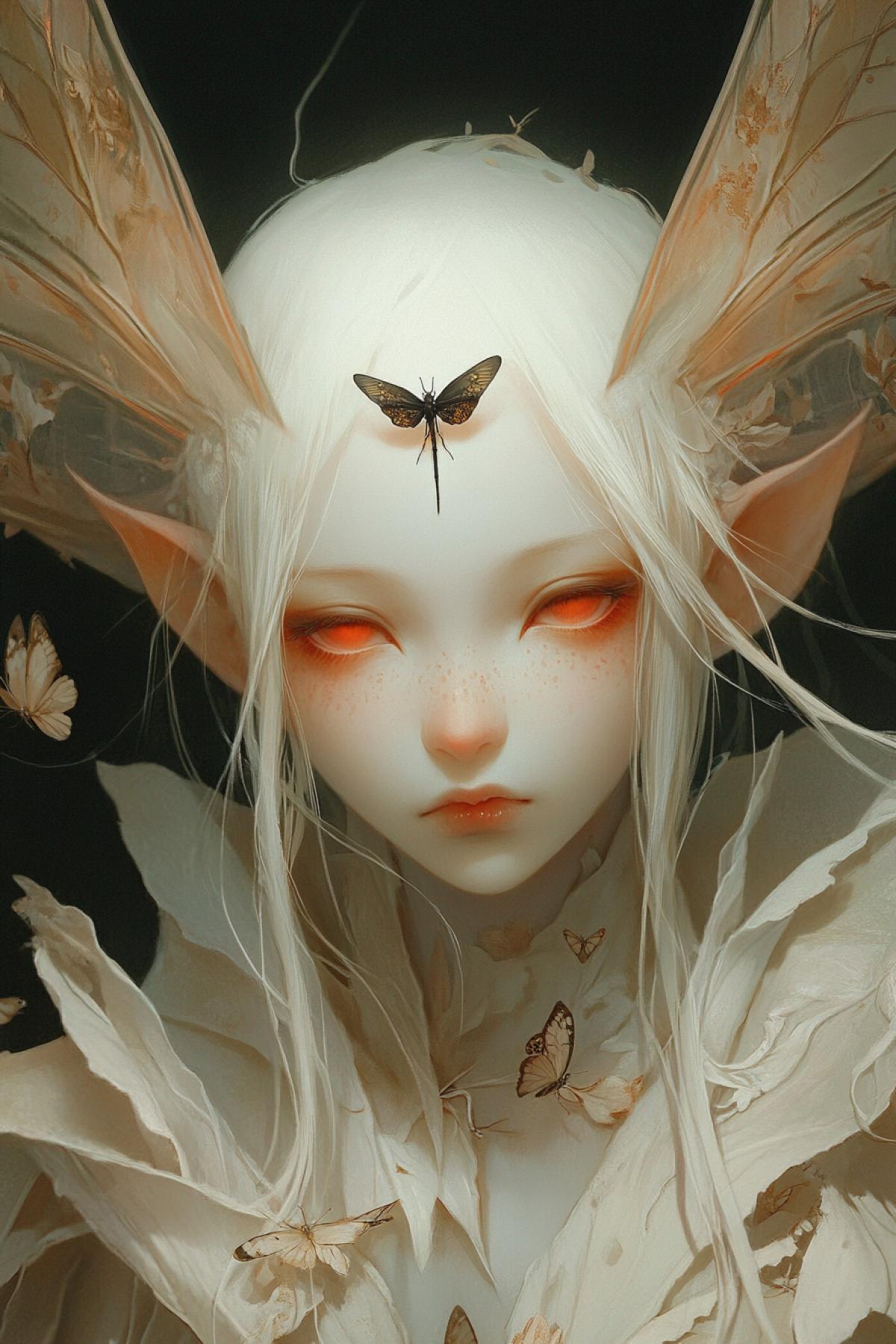 a fantastic, elegant and sophisticated elf fairy. This creature has a pale, almost white face with red eyes and vertically dilated pupils, which gives it a mysterious and piercing look. On the forehead of the character is a small moth, a crescent-shaped decoration. The character has long, white, curly hair, a white cloak, under the cloak is a robe of pale leaves. On the head of the creature are dragonfly wings, decorated with butterfly wings or similar elements. The wings are painted in warm tones, including shades of orange, gray and brown, which creates a contrast with the overall paleness of the image, a dark mystical background, and several small butterflies that add liveliness and tenderness to the com4k.