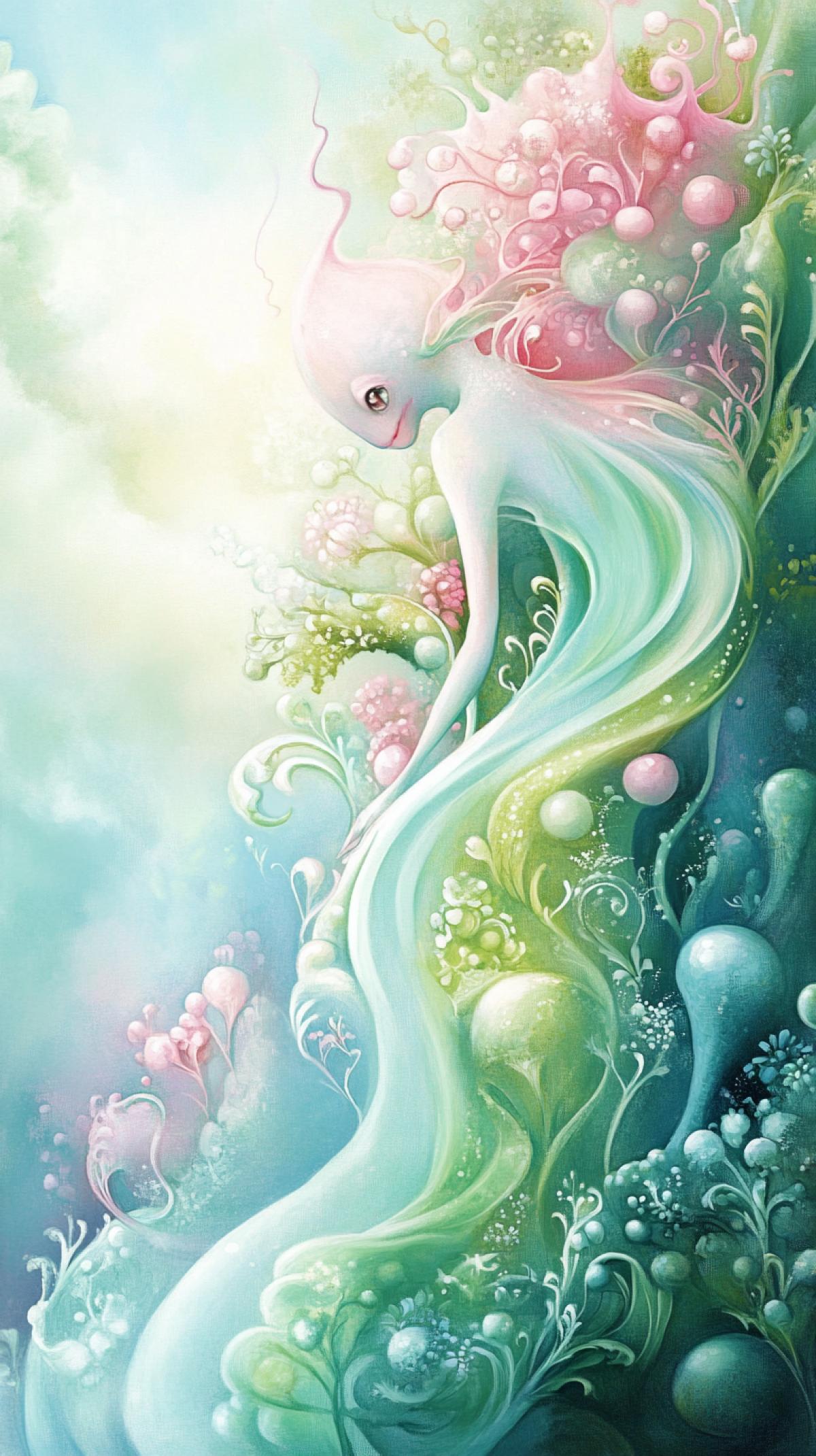 close up landscape background, watercolours playful feminine creature dynamic made from seamlessly transparent unusual biomolecular plot+plants structure, organic shapes