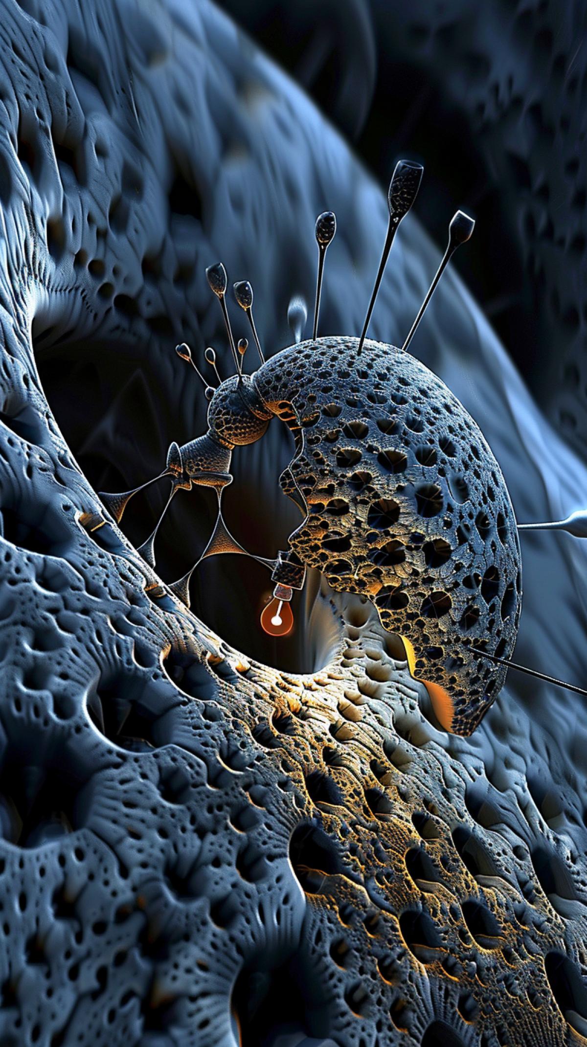 Computer Surrealism | Spiral fractal com4k with a trap light bulb forming a 3D fractal, an alien bug | Abstract space environment with layered geometry | Centered symmetrical com4k | Soft radiant lighting with subtle shadows | recursive patterns; extraterrestrial shape; geometric depth