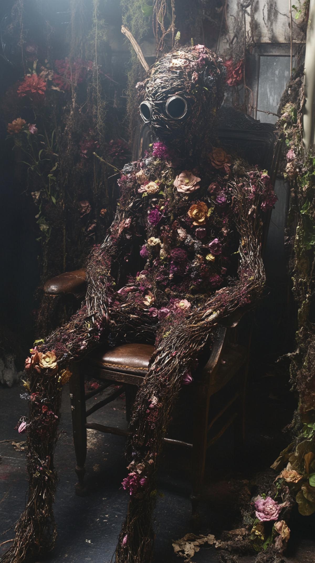 a unique, inadequate, unusual creature made of branches, flowers, and shiny metal inserts, sits in a chair in a room overgrown with strange plants