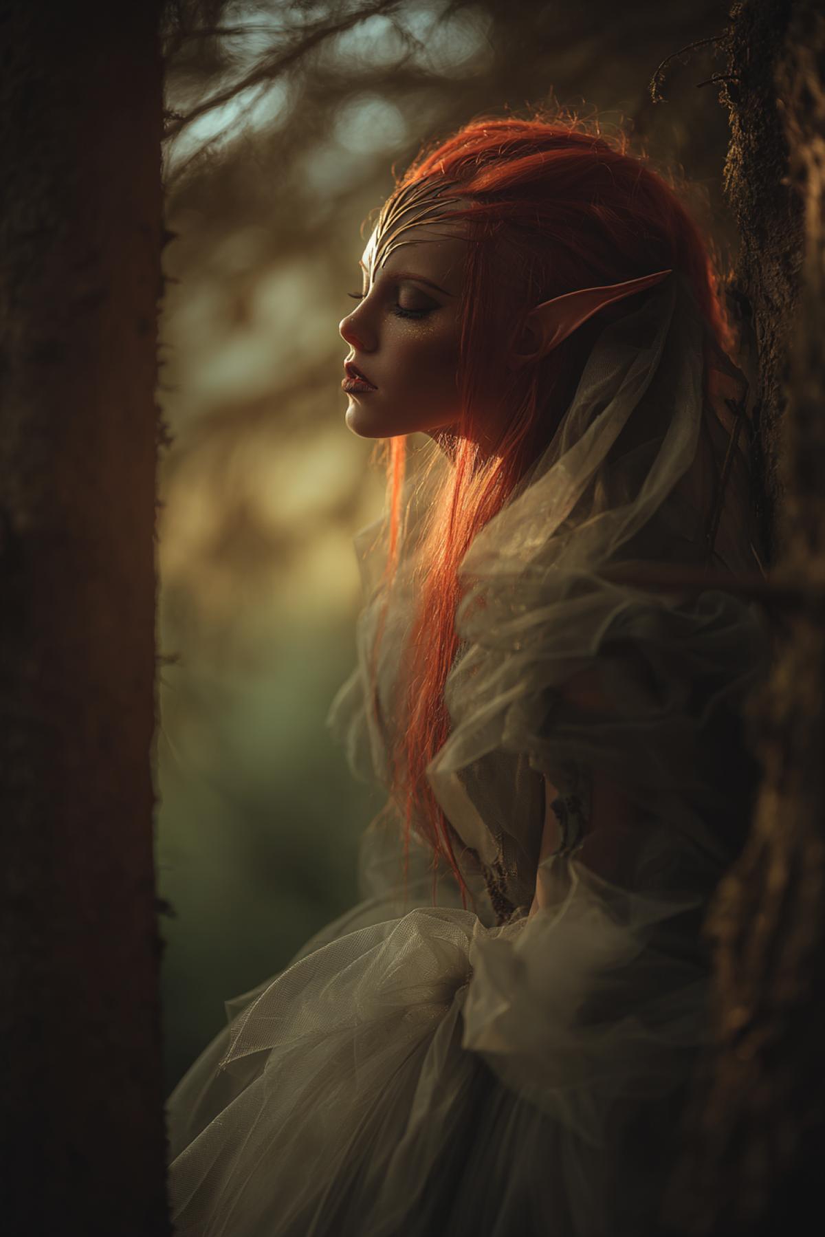 In the morning forest, among the trees at dusk to dawn, the redhaired Extraterrestrial Female The wrong inhuman facial features of the pointed ears long oval eyes look at me strictly Dressed Coquettish Drapery of Tulle. My dear, forest sun. There are no blue twilight.
