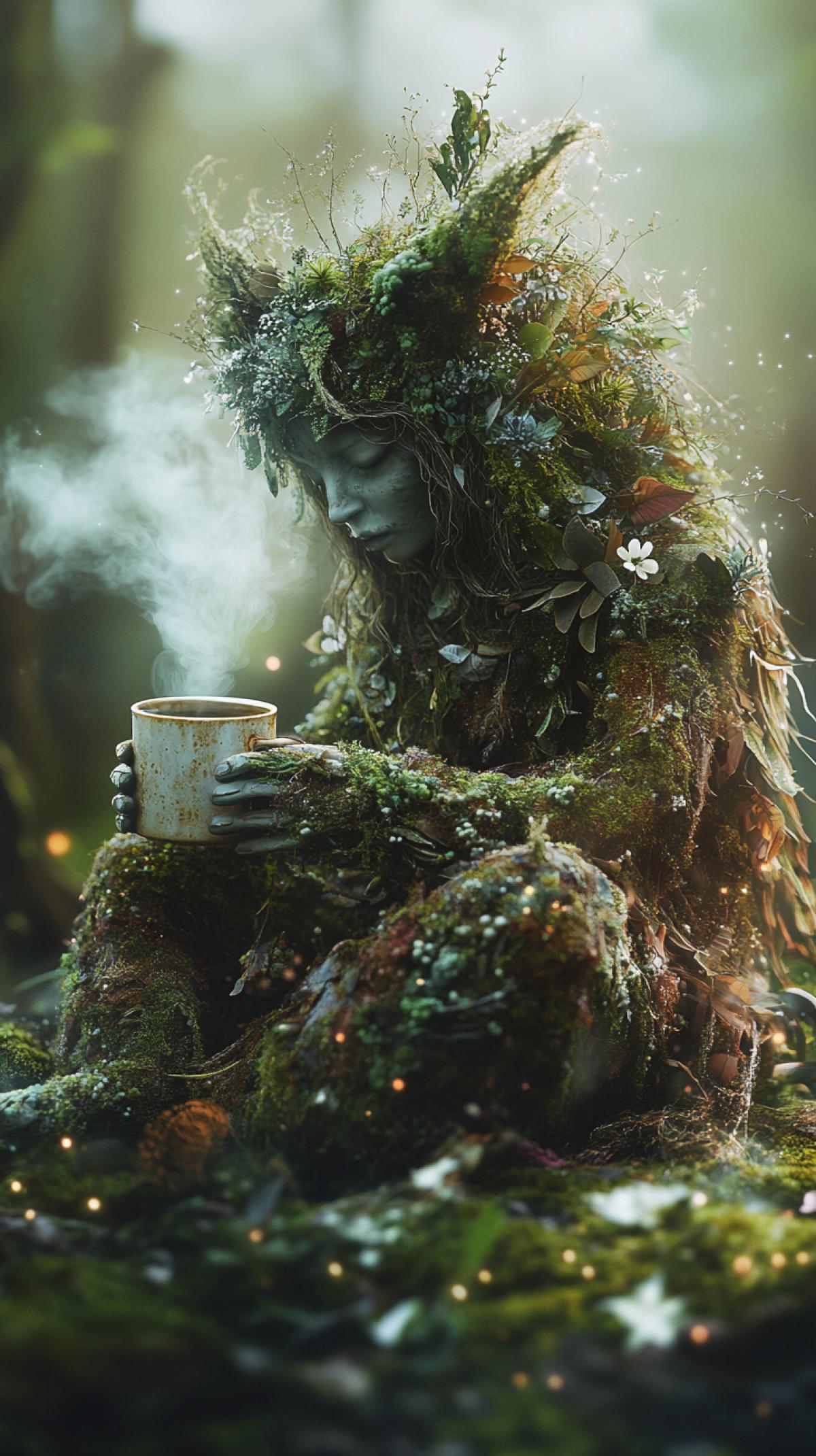 professional photo, realistic living forest mysterious anthropomorphic and animalistic creature dressed in boho style clothes, sitting on moss in enchanted forest, drinks from a mug, steam curls from the mug, bokeh, ivory pastel drawing with fine white ink, pearl dust, shimmering fog, fireflies, micro detail, double exposure with collage of wildflowers + moss + ivy + feathers, super high resolution 32k, Canon 24 70 2.8 L II lens