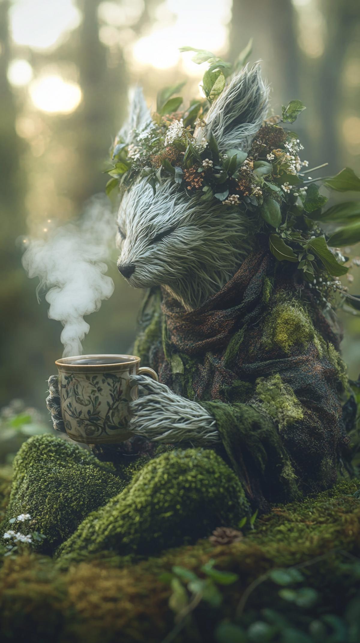 professional photo, realistic living forest mysterious anthropomorphic and animalistic creature dressed in boho style clothes, sitting on moss in enchanted forest, drinks from a mug, steam curls from the mug, bokeh, ivory pastel drawing with fine white ink, pearl dust, shimmering fog, fireflies, micro detail, double exposure with collage of wildflowers + moss + ivy + feathers, super high resolution 32k, Canon 24 70 2.8 L II lens
