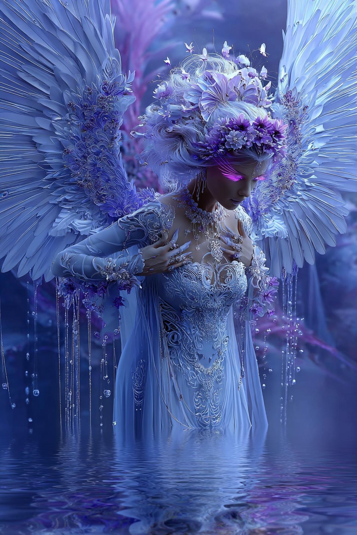 Futuristic fantasy art | A celestial being with ethereal blue and white tones, adorned with intricate wings, a floral crown, and glowing purple eyes, surrounded by cascading water-like patterns | Lighting creates a stark contrast, Vibrant, dreamlike setting with a gradient blue background and a reflective surface that mirrors the figure’s form | Full view capturing the delicate details of the wings, flowing hair, and ornate accessories | Soft, ambient lighting with a cool, icy palette to enhance the otherworldly atmosphere | Serene; mystical; aquatic ar 16:9  style raw  v 7  stylize 750
