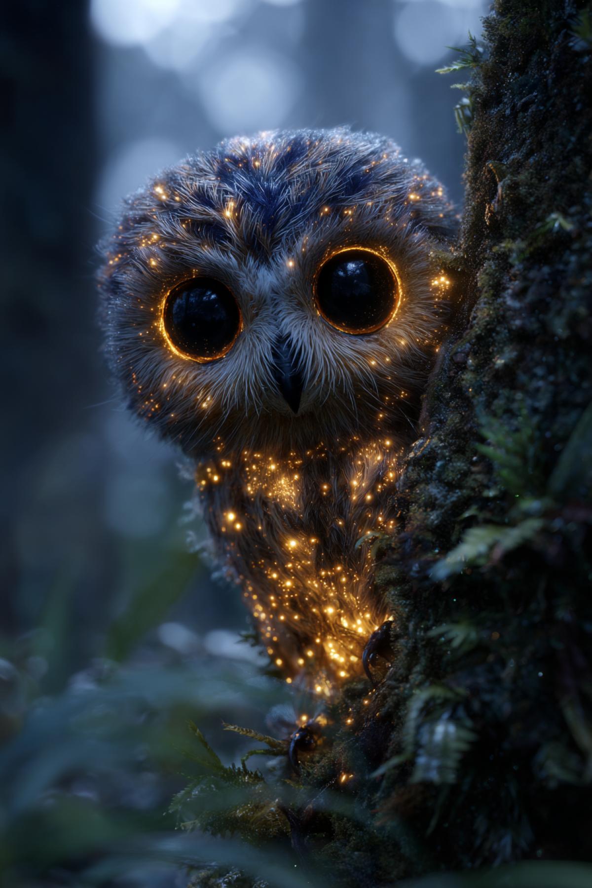 An adorable mysterious creature peeking from behind an ancient tree trunk. It has large, glowing amber eyes and a fluffy, round that resembles a cross between a tiny owl and a firefly. Its soft fur sparkles with bioluminescent particles, illuminating the misty forest around it. Twilight, cinematic, soft focus, incredibly detailed and cute.