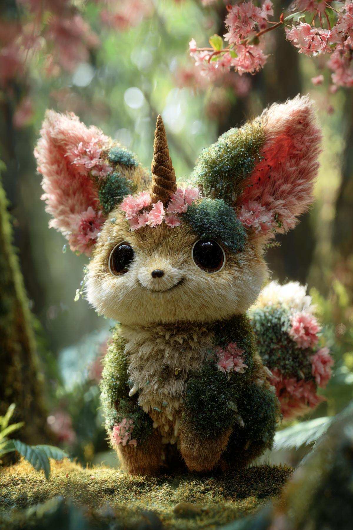 A wide-eyed, fluffy forest spirit made of moss and cherry blossoms. It has a fox-like face with a tiny, shimmering horn and oversized ears twitching with curiosity. Sunbeams filter through the canopy, highlighting its soft, patchwork fur and the dewdrops on its back. Whimsical, enchanting, hyper-detailed, 4k, trending on ArtStation.