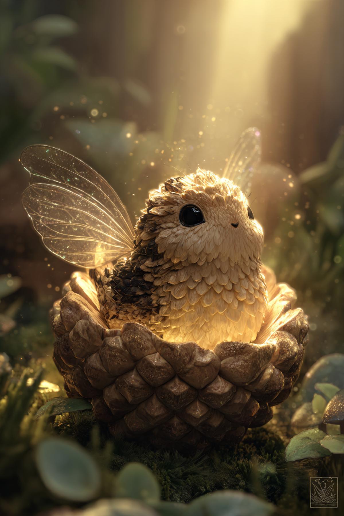 An extremely cute and tiny creature with a like a fluffy pinecone and shimmering wings like a hummingbird. It is curled up in a glowing, magical mushroom, looking up with curious, kind eyes. The morning fog is lit by a soft, golden light, creating a mystical and heartwarming atmosphere. Digital painting, style of Ghibli.