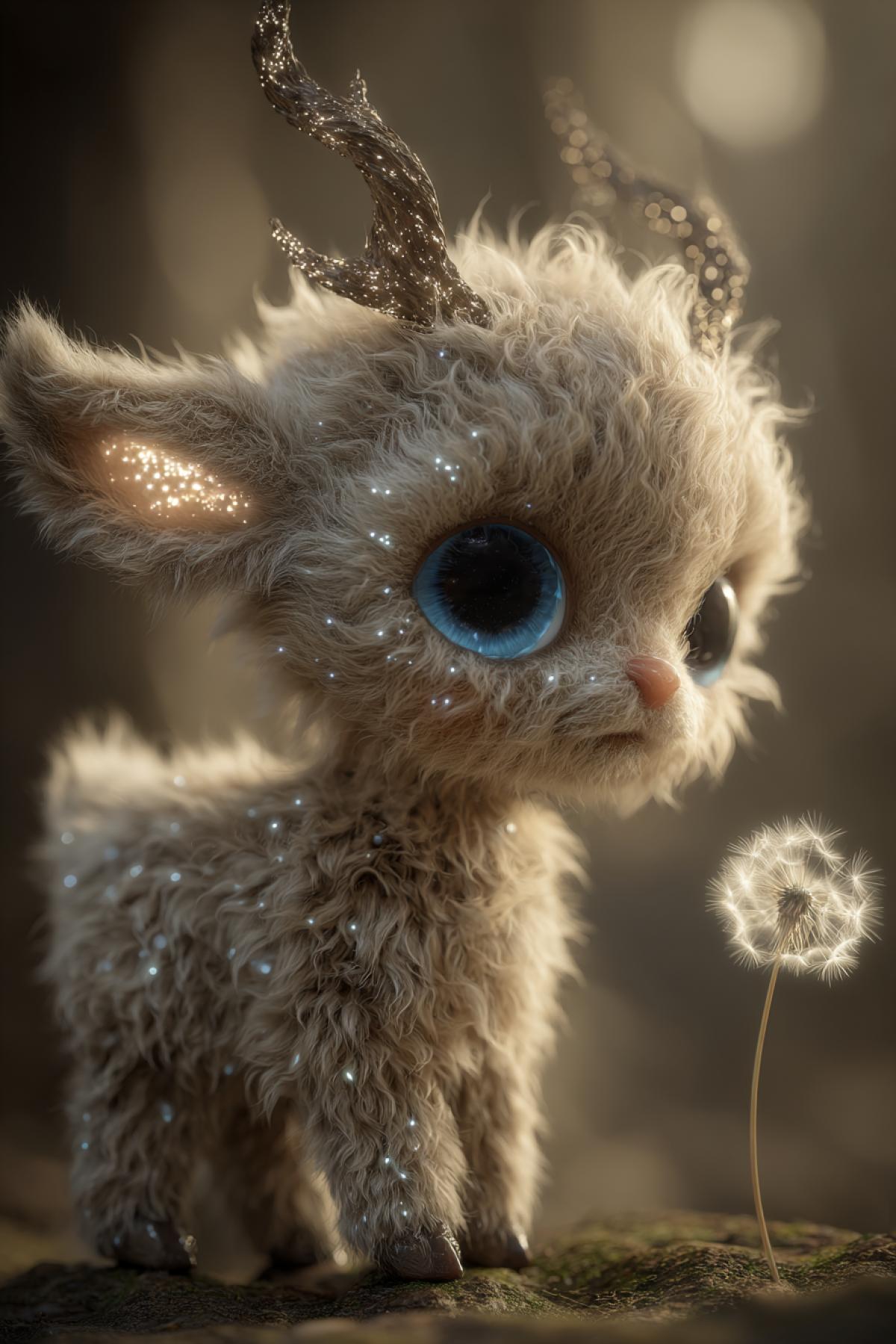 An impossibly cute mystical creature, a cross between a fluffy cloud and a baby deer, with oversized, sparkling blue eyes and a tiny, glowing nose. It has a soft, woolly and small antlers made of shimmering light. The creature is curiously sniffing a floating dandelion seed in a sun-dappled, enchanted forest at golden hour. The atmosphere is heartwarming and magical, hyper-detailed fur, style of Ghibli and Disney, evoking a sense of pure wonder and tenderness.