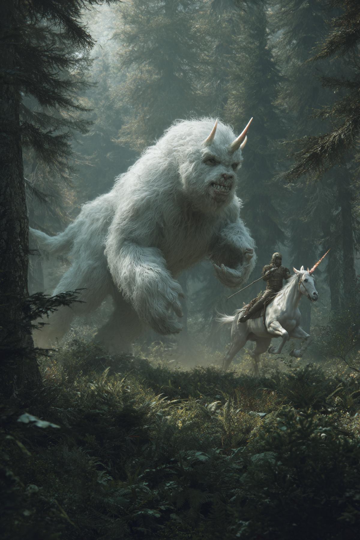 A yeti riding a unicorn chases a chupacabra through a forest. Dynamic motion.
