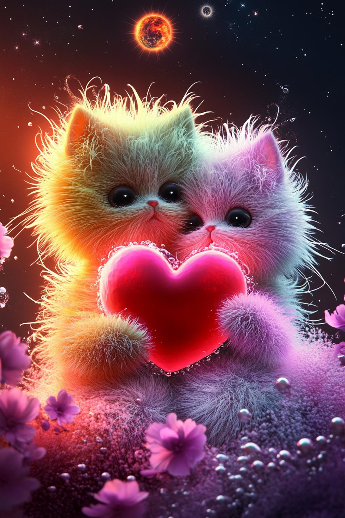 octane render, Sydney Hanson. 3d sfumato,. light, air, pale, mist, haze, pastel, in a cosmo-mystical atmosphere, a multicolored transparent micro-fluffy in dark, holding a red heart, magenta-yellow-lilac-pink of planet xray,. a two fluffy creature through a filter screen, long ears. filaments of slime, with glass wings of cellophane and the sun gradient with holography, in the background the lights of stars, mysticism, fantasy