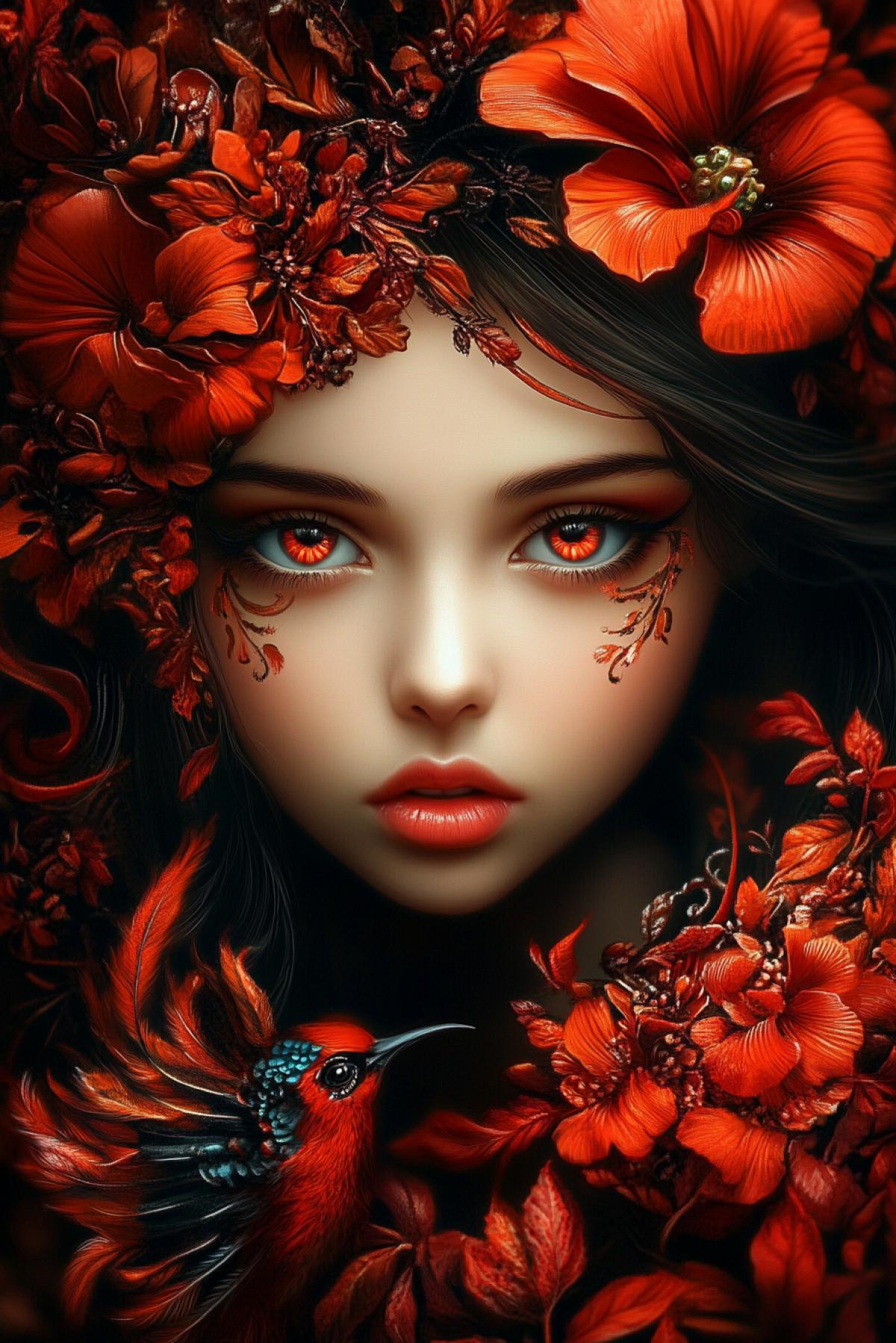 Khokhloma style. Hyper-photorealism, medium shot. Half-turned. Girl + Firebird. Model appearance. Slender. Symmetrical, large, expressive, beautiful, bright, detailed eyes. Beautiful. Feminine. luxurious. Detailed facial skin texture. Volumetric. Dark fantasy + dark botanical horror. 256k, hyper micro-detail. Hyperrealism. Multi-layered, coherent. Beautiful. Depth of field. Fog + bokeh. Darkening. dark background.