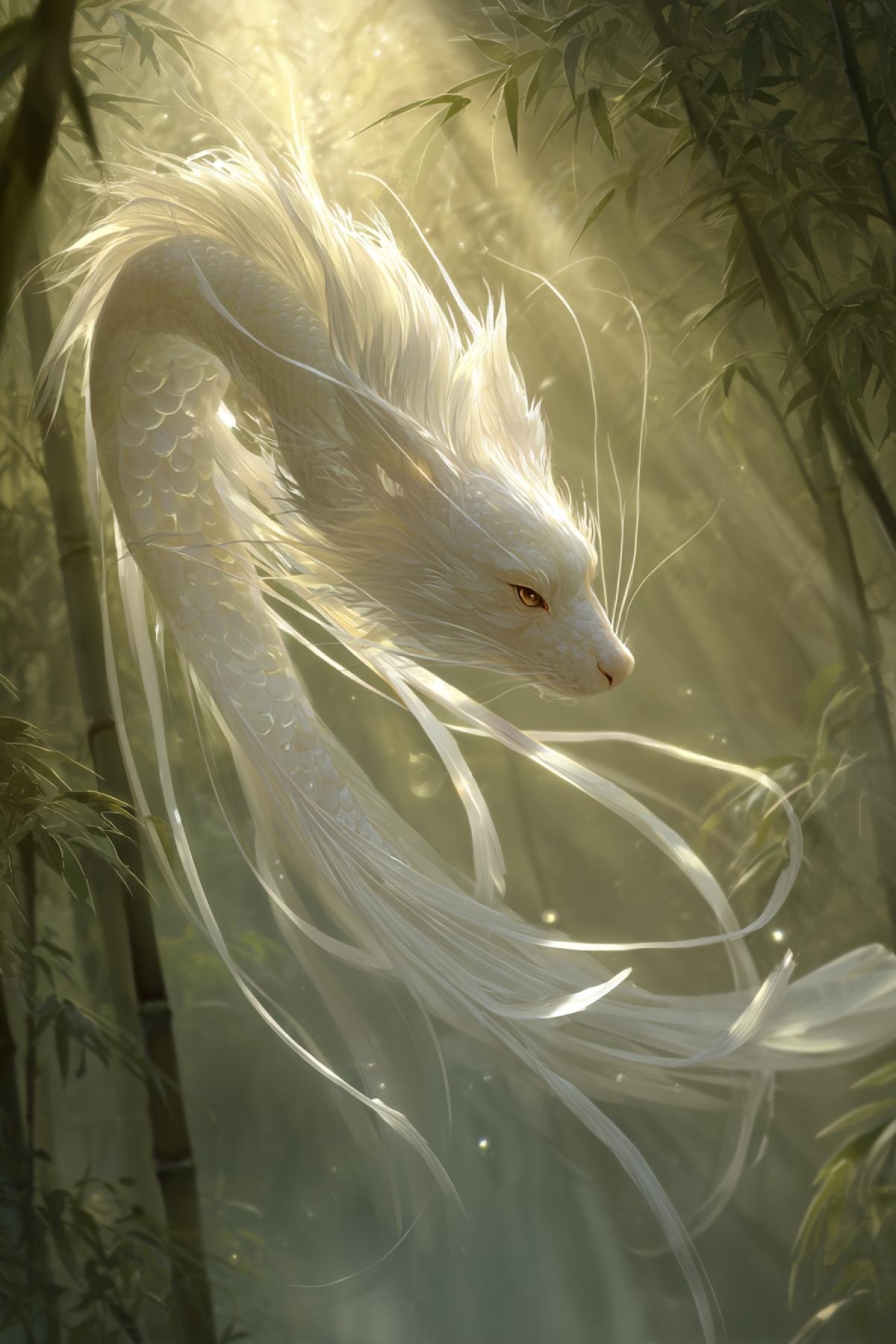 A divine and serene feathered serpent with fox-like eyes, floating effortlessly in a bamboo forest at dawn. Its is covered in pristine white flowing silk and pearlescent scales, with long elegant whiskers and trailing ribbon-like tendrils that move like calligraphy in the air. Mist swirls around it, backlit by the soft golden light of the rising sun, creating an aura of celestial peace. Chinese ink painting style, ethereal, majestic yet gentle.
