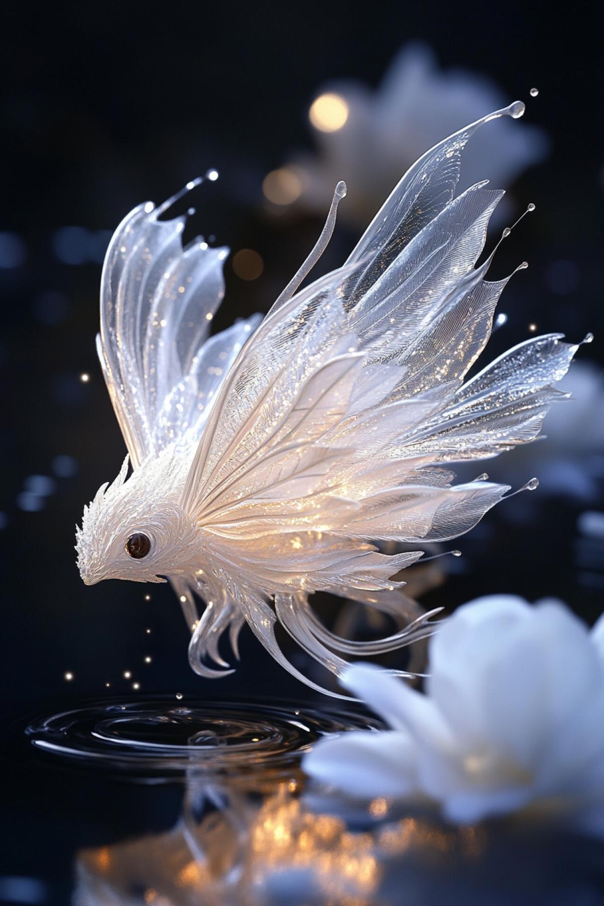 glass skinned fantasy creature, glowing filigree wings, petal-like feathers, iridescent scales, surreal lake, abstract floral background, ethereal lighting, dreamlike setting