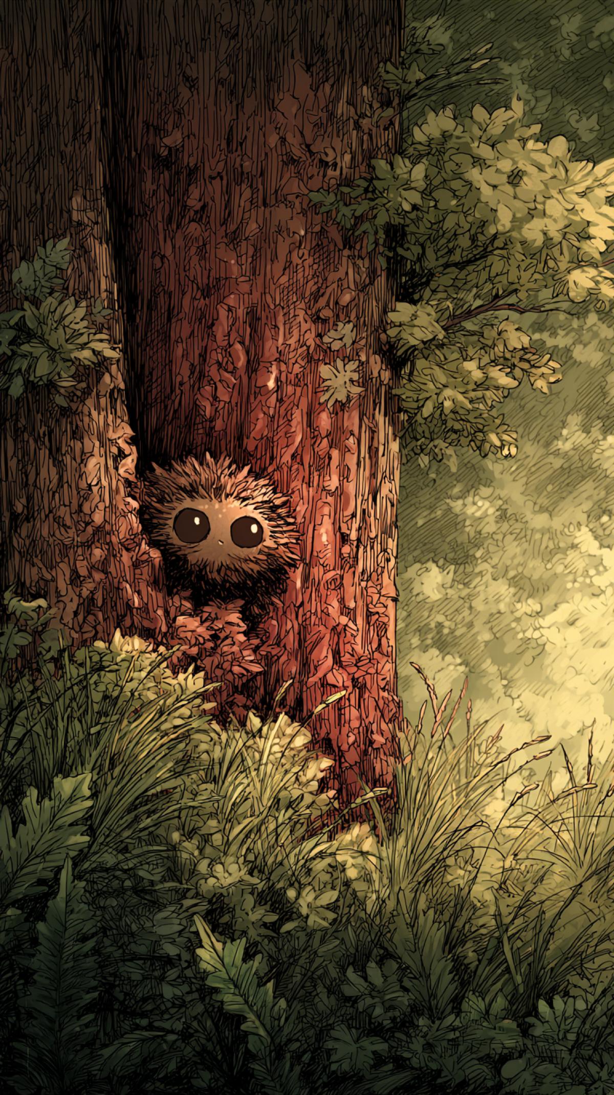 Cute forest chupakalaba hides peeping out from behind a tree mysticism science fiction