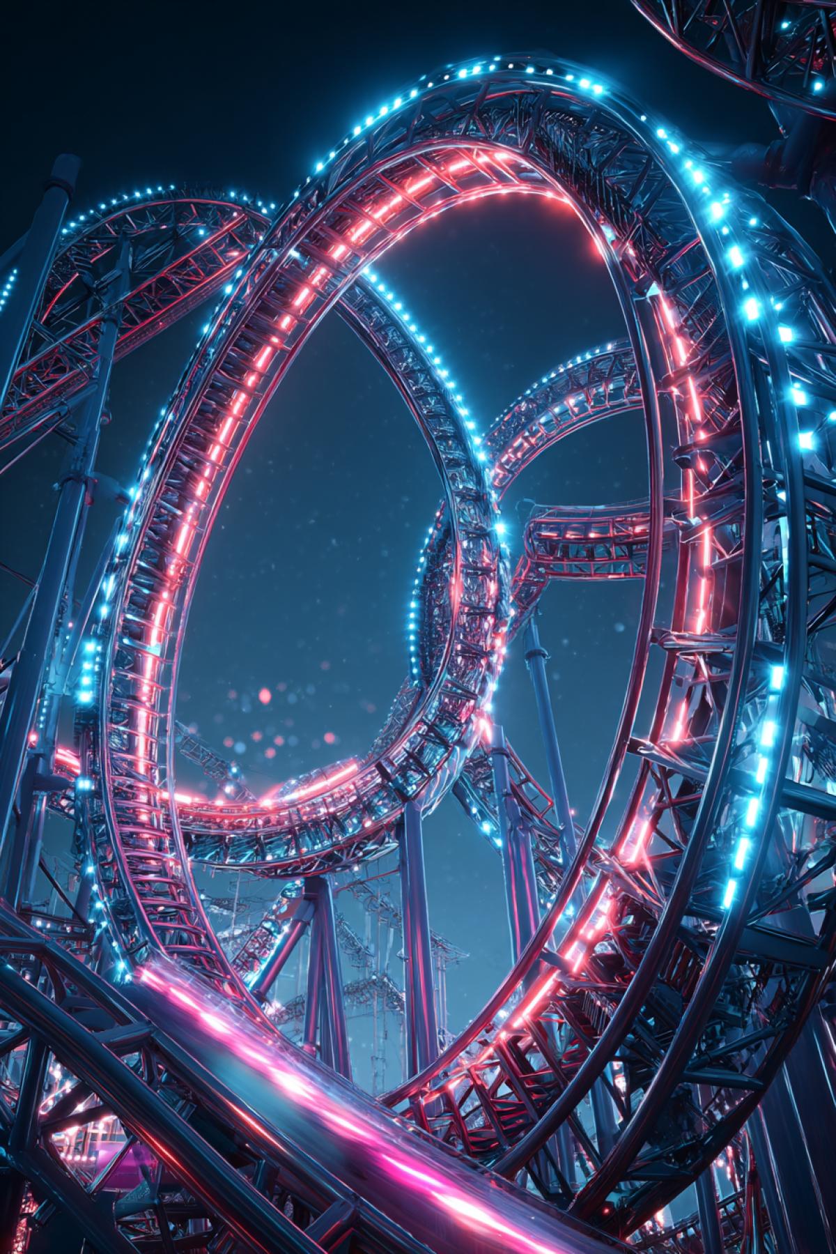 futuristic extreme amusement park ride, colossal rollercoaster with impossible loops and vertical drops, glowing neon lights, cyberpunk atmosphere, night sky, dynamic motion blur, adrenaline-filled perspective, ultra-detailed, cinematic lighting, 8k