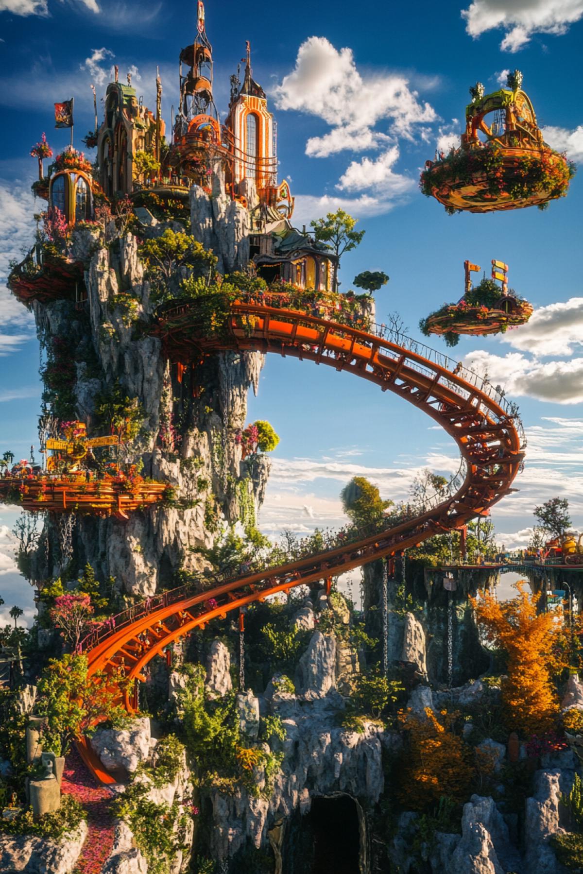 impossible surreal amusement park ride, gravity-defying rollercoaster in the sky, floating islands, dreamlike colors, whimsical and bizarre, Salvador Dali inspired, ultra-detailed