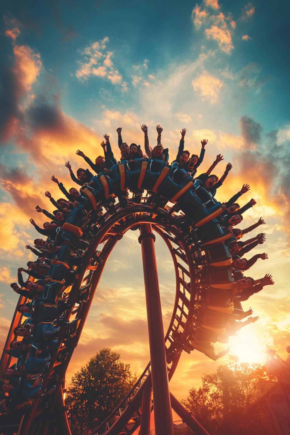 extreme amusement park ride, big roller coaster with vertical drop, people screaming, sunset sky, hyper-realistic, cinematic atmosphere, detailed textures