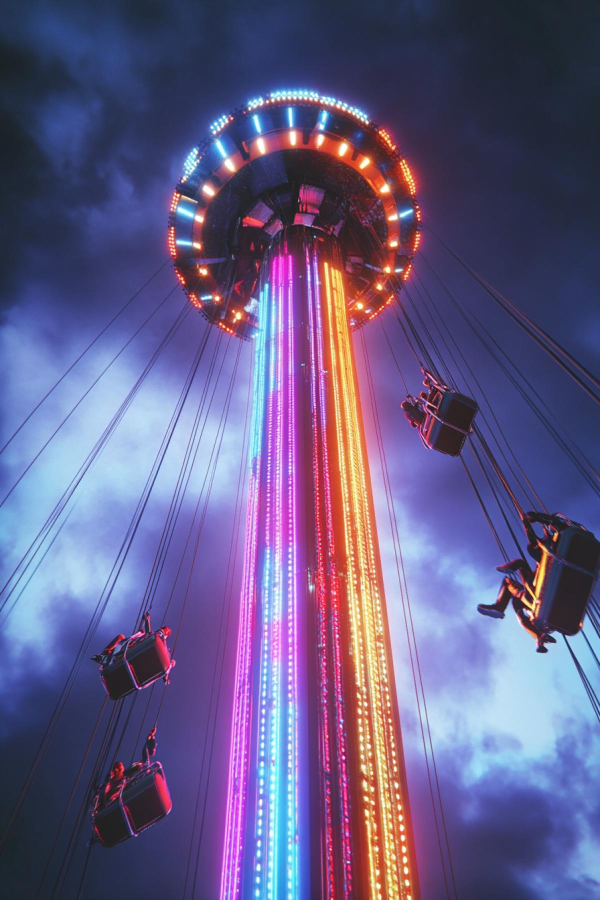 bungee jump extreme attraction, big futuristic tower, people jumping, dynamic perspective, motion blur, adrenaline, cinematic com4k, ultra-realistic lighting