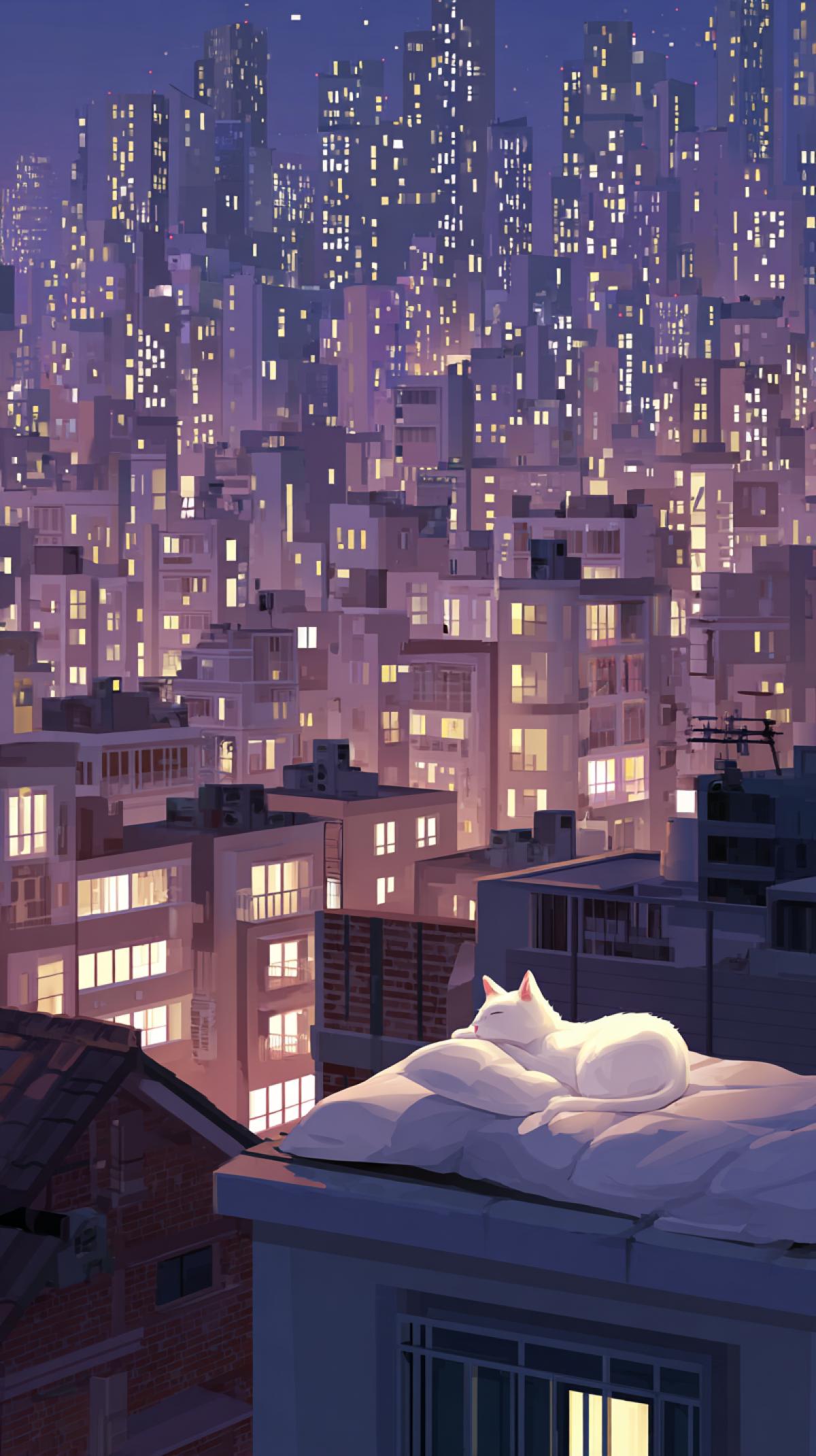 Minimalism. In the style of anime. On the city roof, a white cat was comfortable to sleep. On a white pillow. Around city tall houses with lights in the windows, a cozy and relaxing atmosphere from the picture, Sref 1355165330