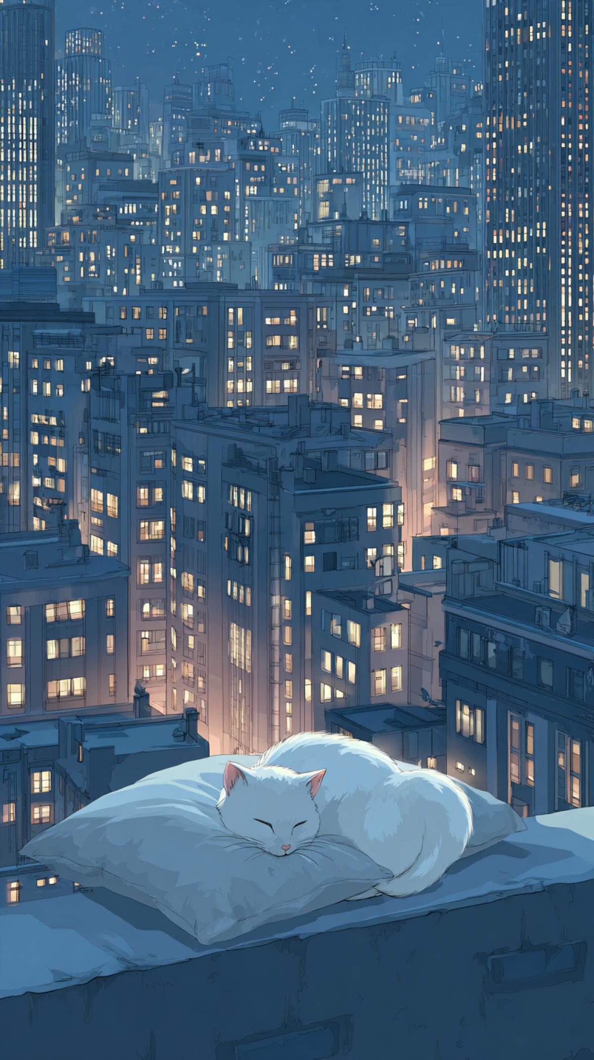 Minimalism. In the style of anime. On the city roof, a white cat was comfortable to sleep. On a white pillow. Around city tall houses with lights in the windows, a cozy and relaxing atmosphere from the picture, Sref 1355165330