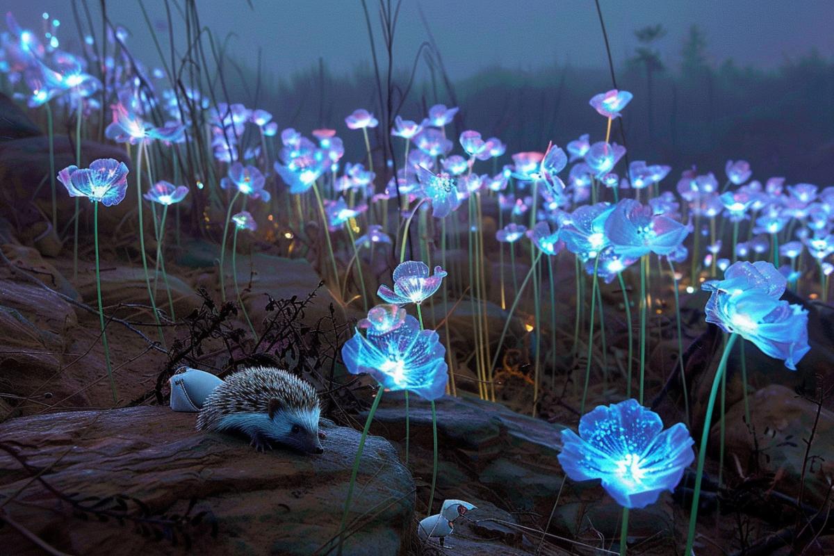 Gloomy sci-fi surrealism | Polymorphic abstract flowers with changing shapes and eerie beauty | a small hedgehog lies on its back among these flowers, holding a tiny white purse with its paws on its belly. Futuristic countryside under a dim alien sky | Landscape shot with shapes scattered across the area | Capricious weak light with faint reflections and shadows | many variations; otherworldly; atmospheric stylization 600