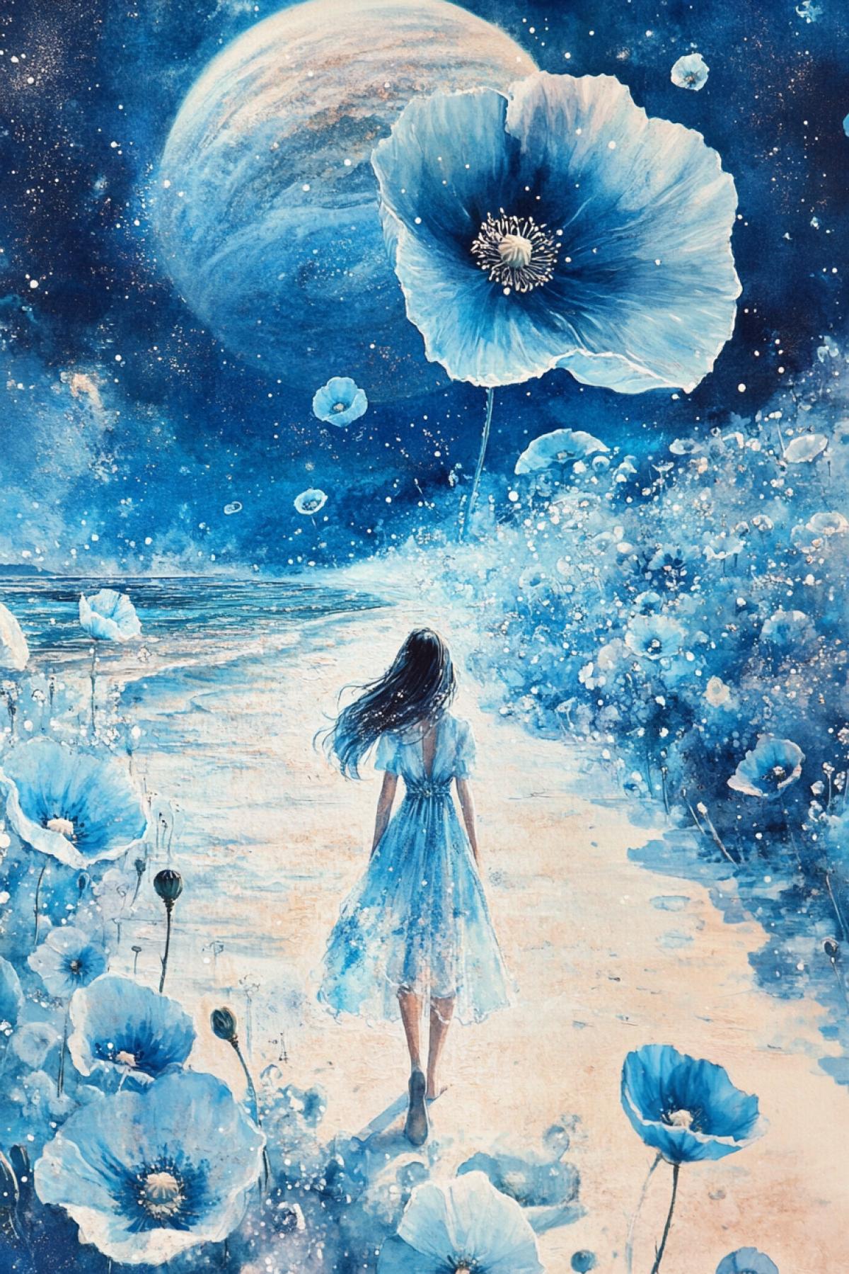 extraterrestrial space landscape, the rising of Jupiter is visible, a girl walks along the seashore, smiling mysteriously, in an ephemeral blue-white dress, a necklace on her neck, pearls in her hair, the shore consists of pearls, in the distance huge, like blue-white trees poppies to the sky, stylized watercolor, azhrograph painting, soft cinematic volumetric light, flowers, floral, perfect wide long shot, visual masterpiece, 8k