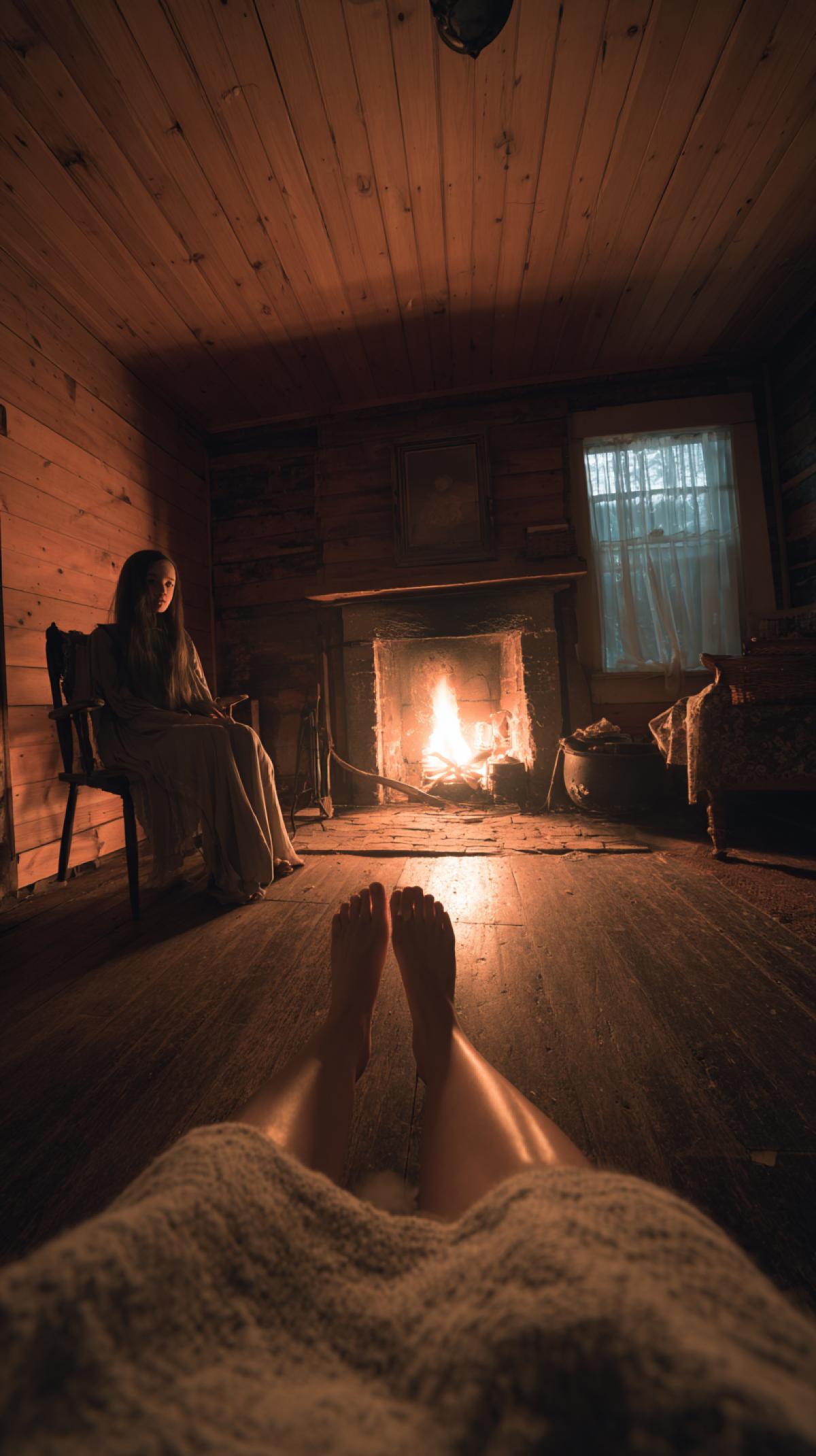 The room of a wooden house, I sit in a chair, a firstperson photo, the legs are visible covered with a blanket, opposite a burning fireplace. Legs are slightly spread, a woman sits on the floor with her face.