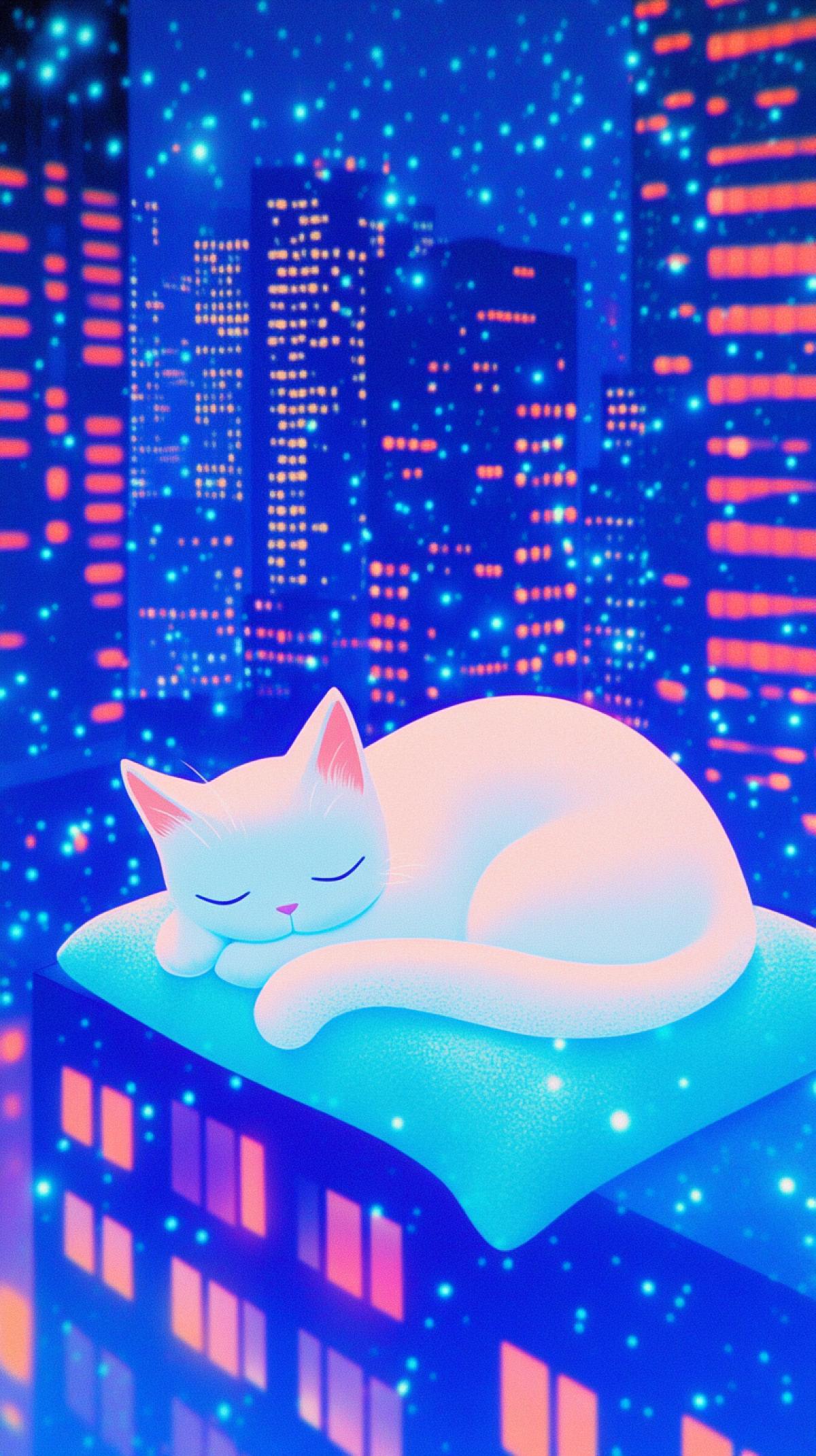 Minimalism. Anime style. A white cat is comfortably sleeping on a city rooftop, on a white pillow. Surrounded by tall city buildings with lights in the windows, the image creates a cozy and relaxing atmosphere. sref 1355165330